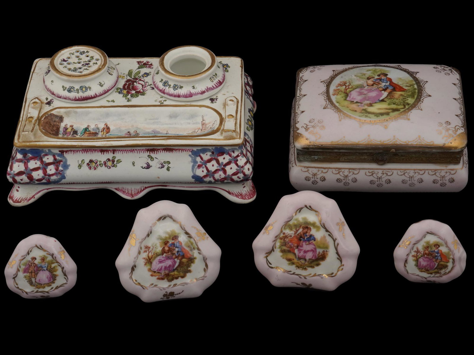 JAPANESE ARNART CREATION PORCELAIN HOME DECOR SET: A Japanese Original Arnart Creation porcelain home decor collection. The collection includes an ink well set, a group of doorknobs, and a covered trinket or jewelry box. The wares are adorned with han