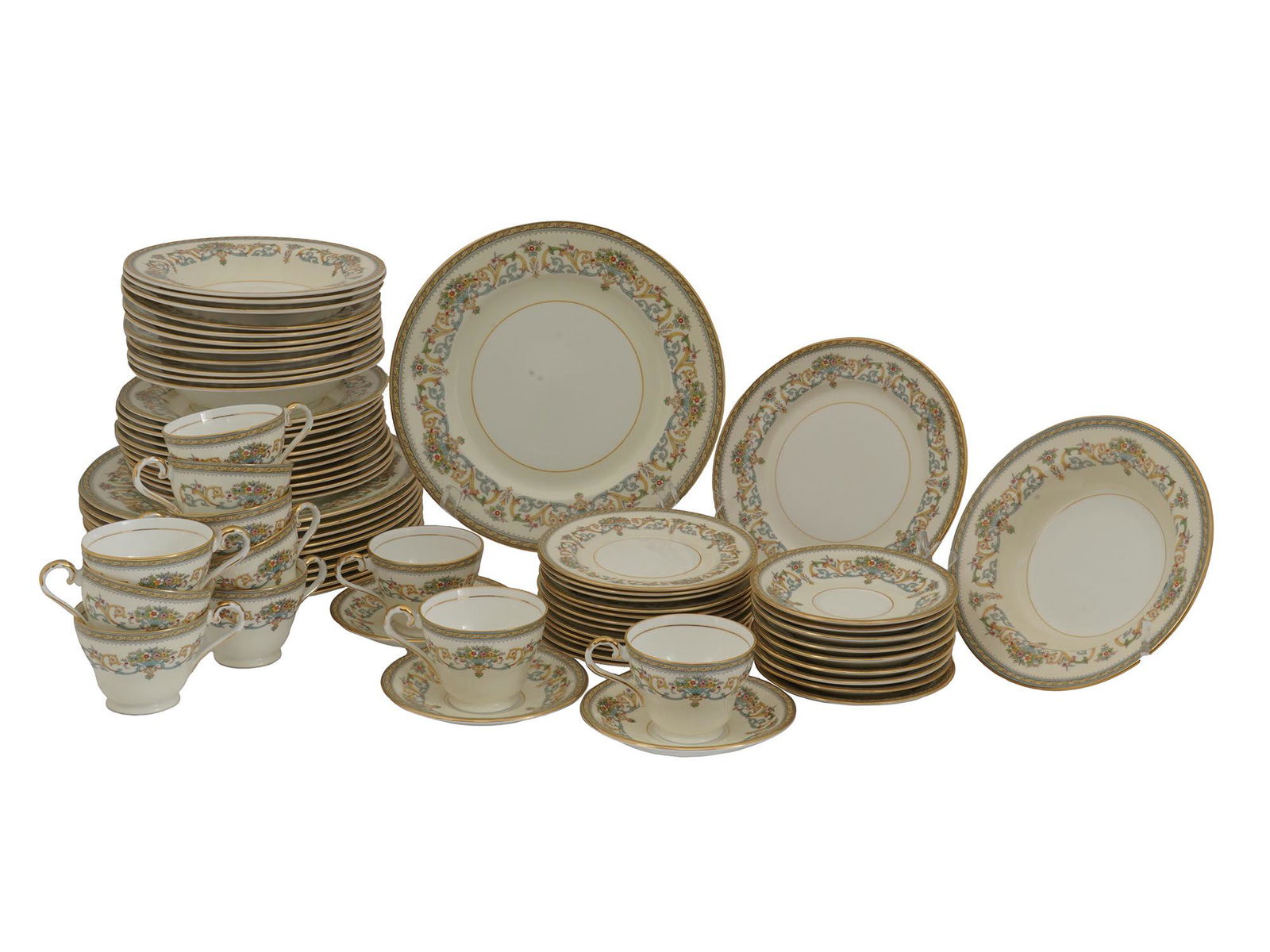 VINTAGE AYNSLEY CHINA HENLEY PORCELAIN TABLEWARE: A vintage English Bone China Aynsley porcelain tableware service in Henley pattern inspired by Florentine Renaissance floral designs. Consists of 11 tea cups, 12 saucers, 12 dessert plates, 11 dinner