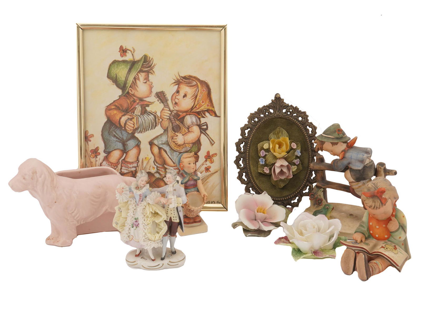 GOEBEL HUMMEL FIGURINES AND CERAMIC FLOWER DECOR: A lot of vintage miscellanea and home decor. A total of nine items including three Goebel Hummel figurines, a ceramic dog cachepot, a Meissen porcelain figurine of a Rococo dancing couple, two Crown S