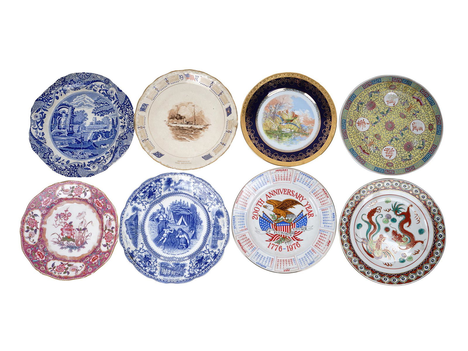 ANTIQUE 19-20TH CEN. PORCELAIN DECORATIVE PLATES: A collection of eight antique decorative plates. The collection includes: Chinese plate with Bao Xiang Hua pattern (Lotus scroll in the West), the central flower motif of the Qing period and earlier;