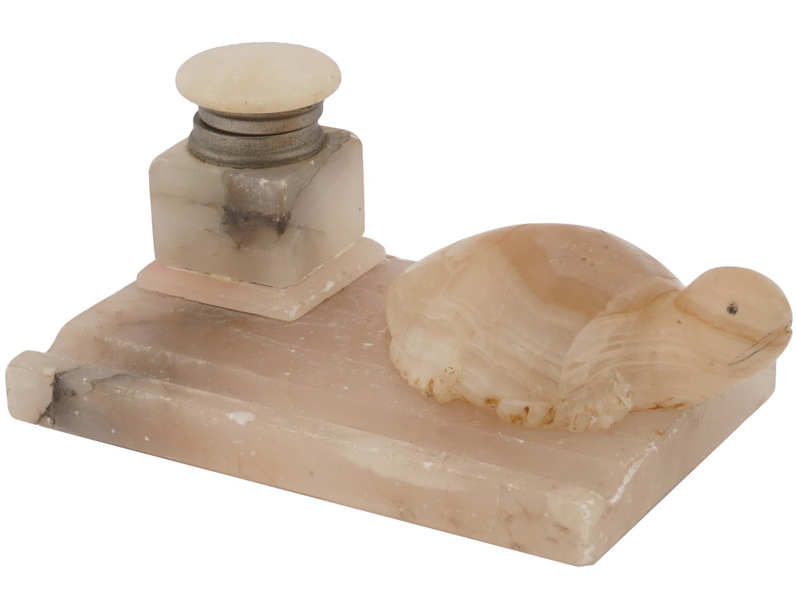 CARVED PINK ONYX TURTLE FIGURE & INKWELL DESK SET: A vintage desk decor set made of carved pink onyx. A figurine of a turtle and a lidded inkwell that has a large rectangular base with a recess for a pen. Collectible Desk Accessories And Home Decor. D