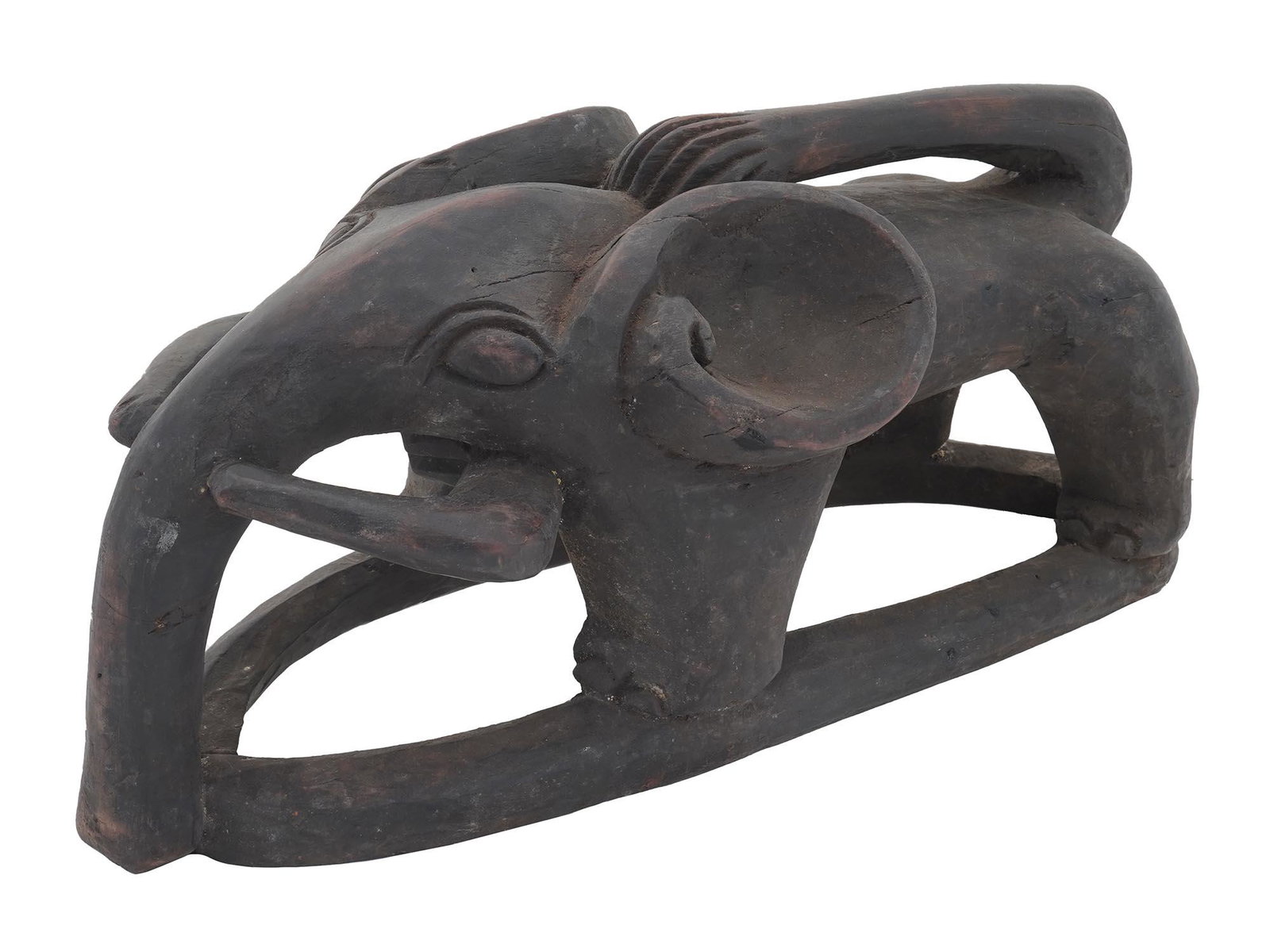 AFRICAN CONGO CARVED WOODEN FIGURINE OF ELEPHANT: An antique African hand-carved wooden figurine representing an elephant. Congolese art style. Collectible Congo Carvings, Ethic Art For Interior Design. Dimensions: Size: L: 20 1/4 in. W: 7 3/4 in.H: 