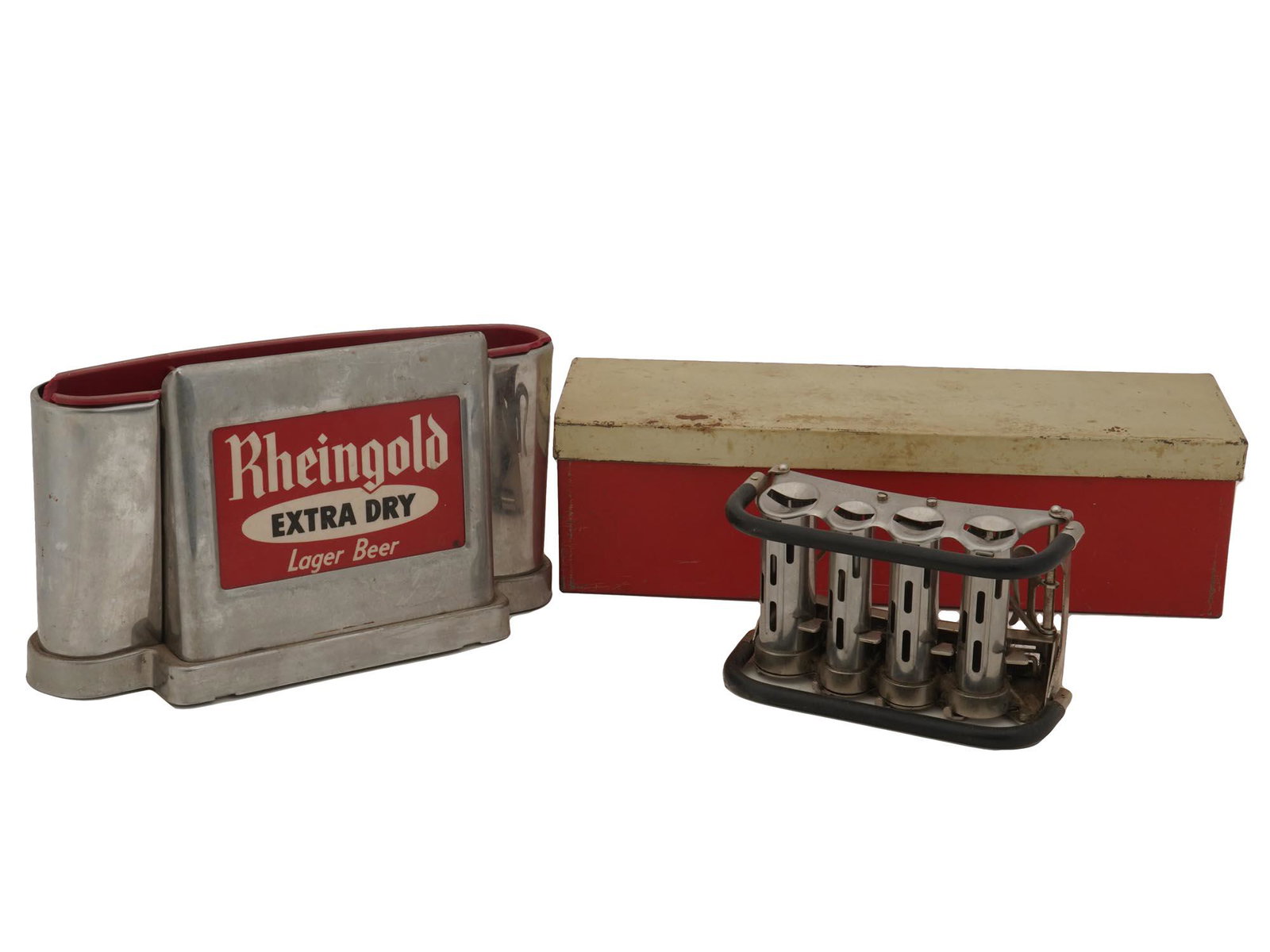 VINTAGE AMERICAN MONEY CHANGER AND BAR CADDY: A vintage Rheingold Extra Dry Lager Beer chrome bar caddy with a plastic case inside from the 1950s. And a vintage New York American McGill four barrel high speed changer from the 1970s. With a covere