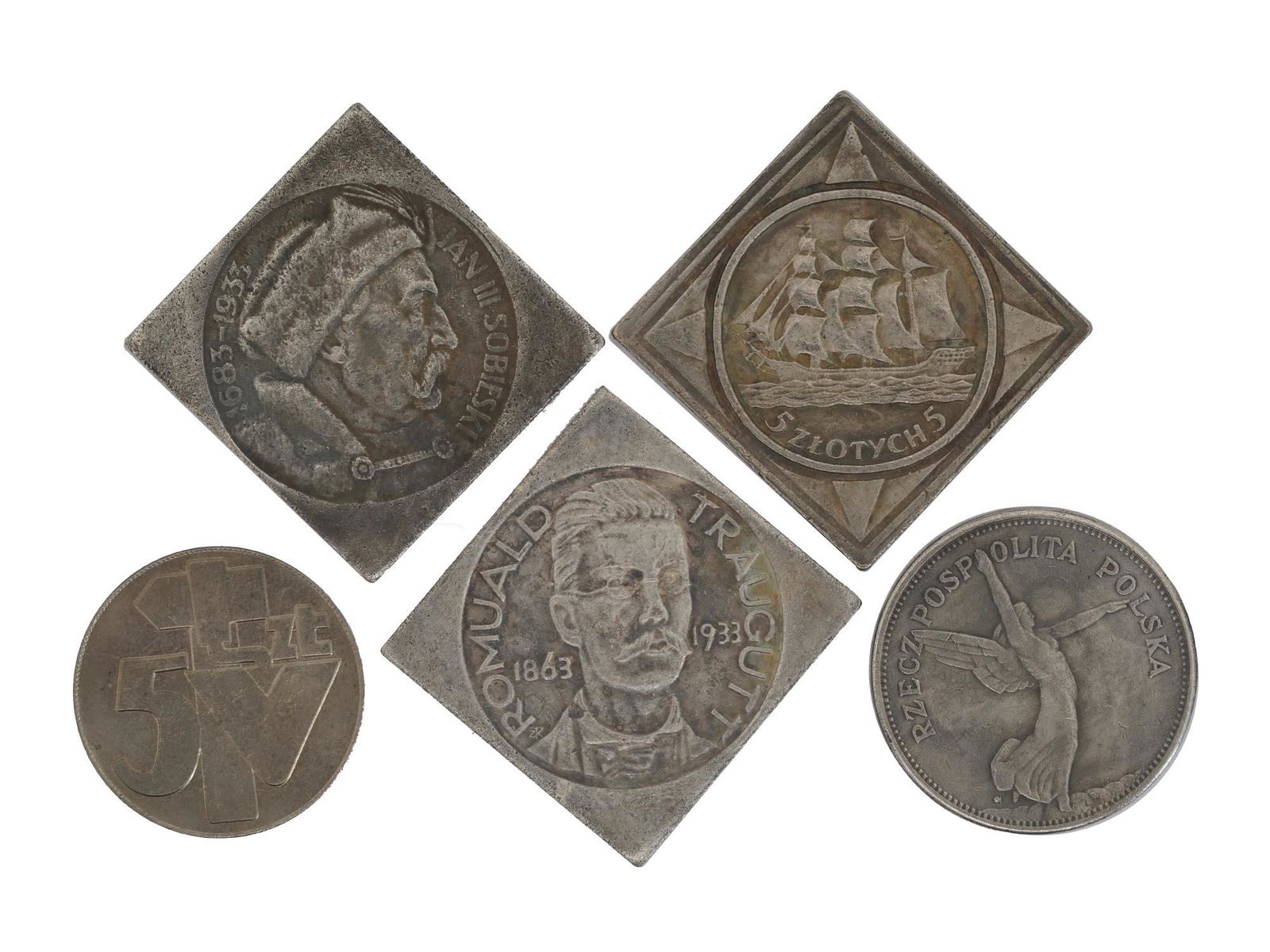 MID CENTURY POLISH ZLOTY COIN REPLICAS, 5 PCS (1 of 2)