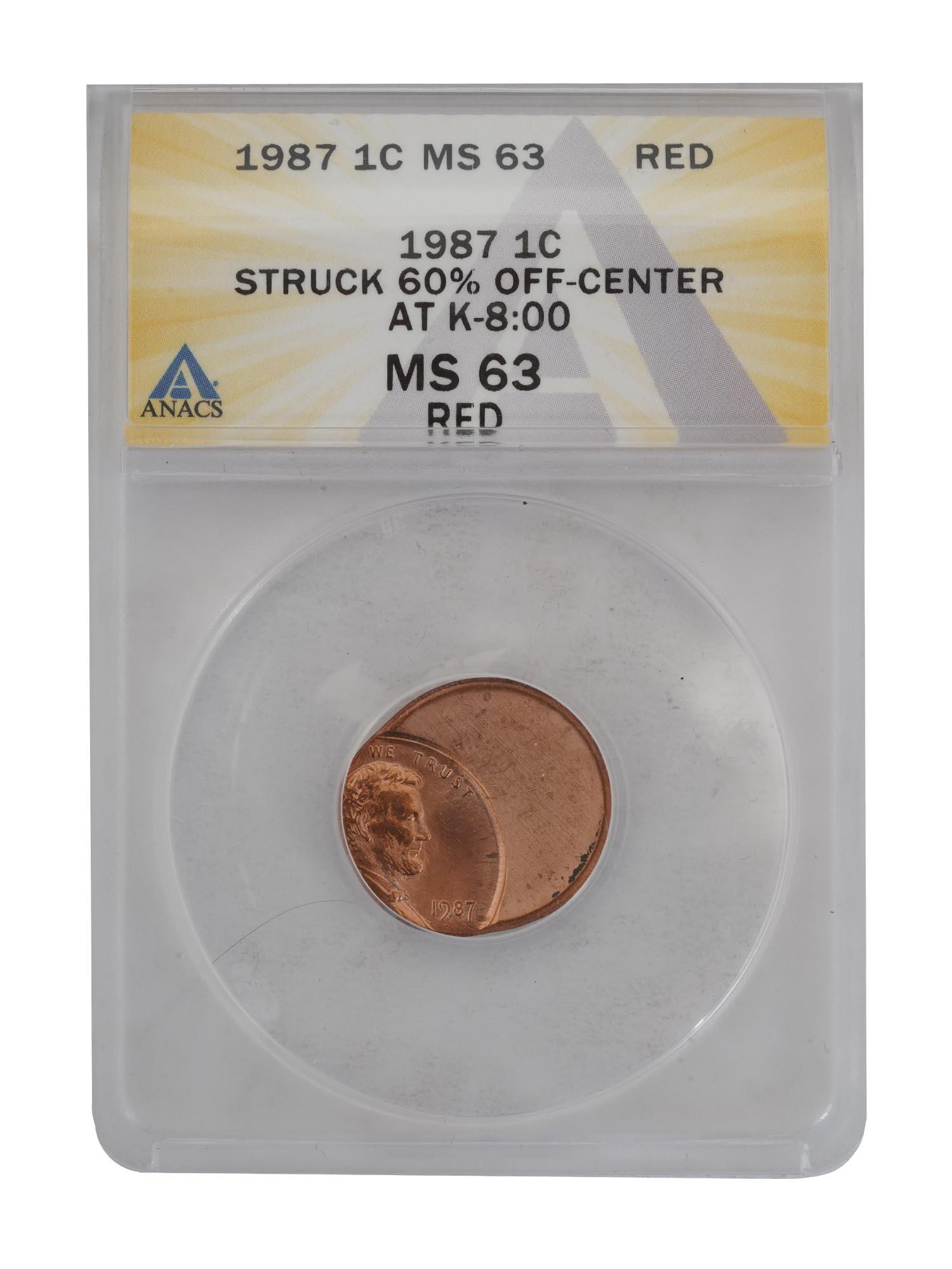 1987 US MINT ERROR COPPER LINCOLN MEMORIAL PENNY: An error 1987 copper one-cent coin, known as the Lincoln cent or penny. The coin was incorrectly manufactured by the mint. The Lincoln cent designed by Victor David Brenner has been struck by the Unit