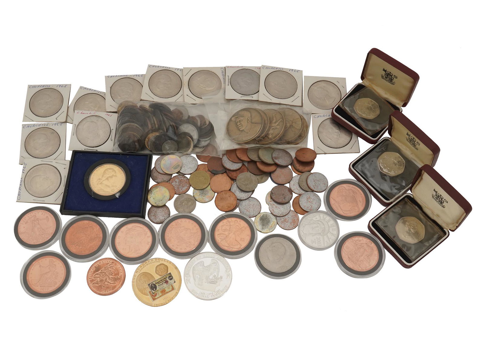 AMERICAN BRITISH COINS NUMISMATICS AND EXONUMIA: A huge collection of numismatic items including three British 50 pence coins dedicated to the entry into European Economic Community, with the Elizabeth II profile to the obverse, a set of five shilli