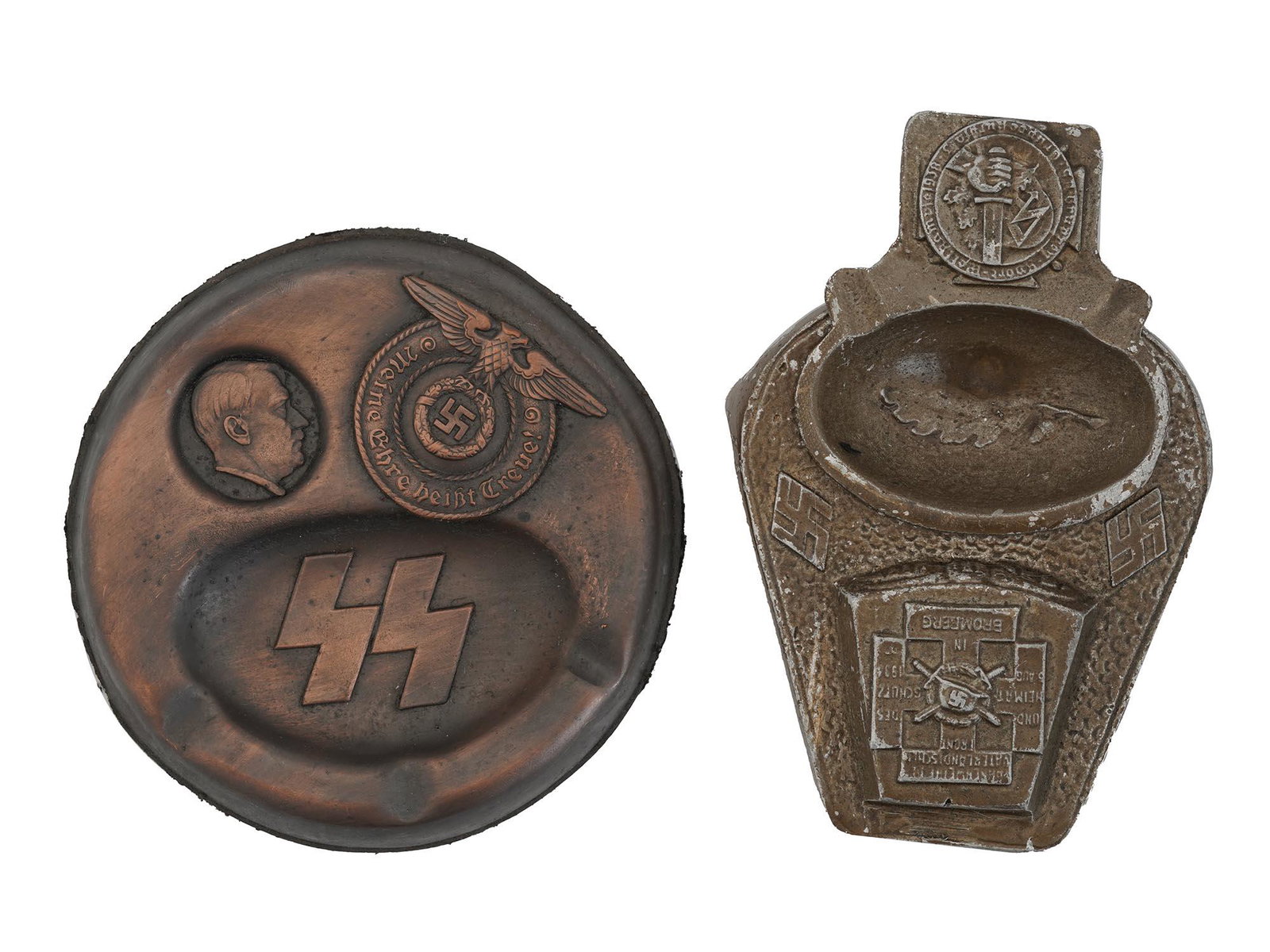 WWII GERMAN NAZI ASHTRAYS, 1934 FATHERLAND FRONT: The lot includes a German Nazi Third Reich WW2 period ashtray featuring an SS symbol, an Adolf Hitlers portrait and a Swastika Eagle with a motto, possibly tin. And a rare Austrian 1934 Fatherlan Fron
