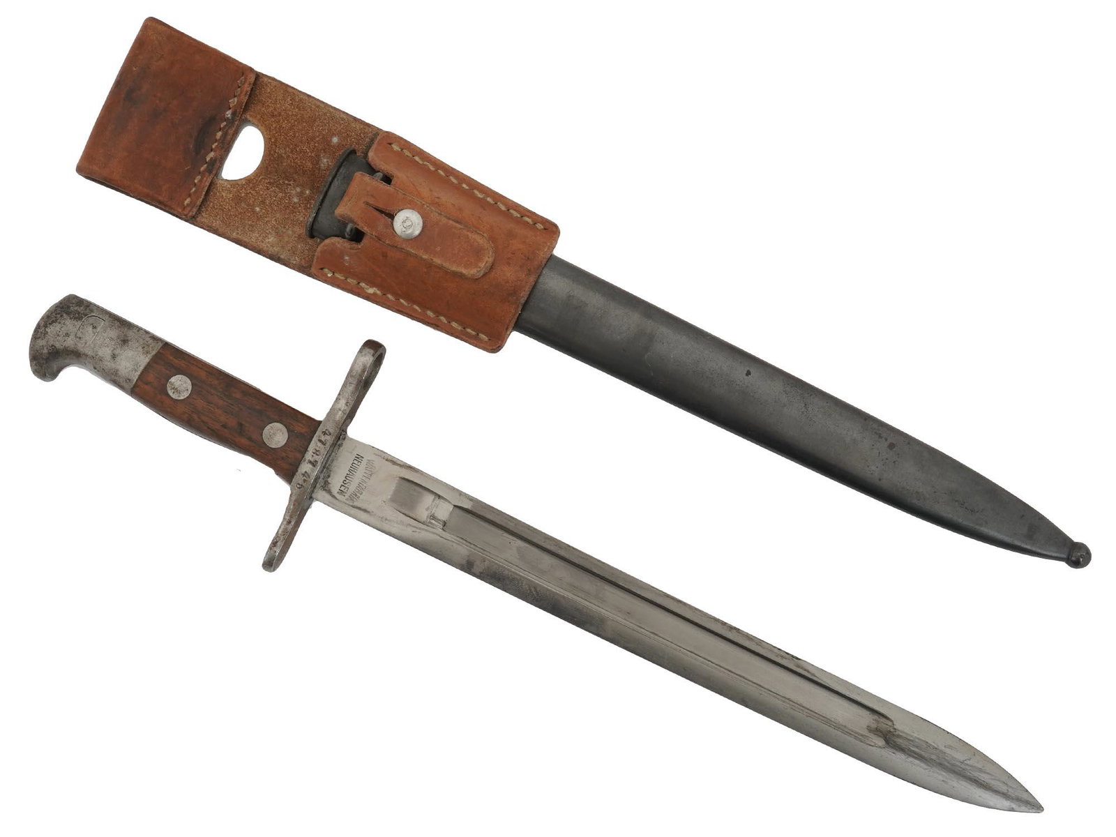 ANTIQUE WWI M1918 BAYONET FOR SWISS RUBIN RIFLES: An antique WWI M1918 bayonet for Swiss Schmidt Rubin K11 or K31 rifles manufactured by the Waffenfabrik Neuhausen, Germany. With a marked steel deep fuller blade, a nickel-plated cross-guard with seri