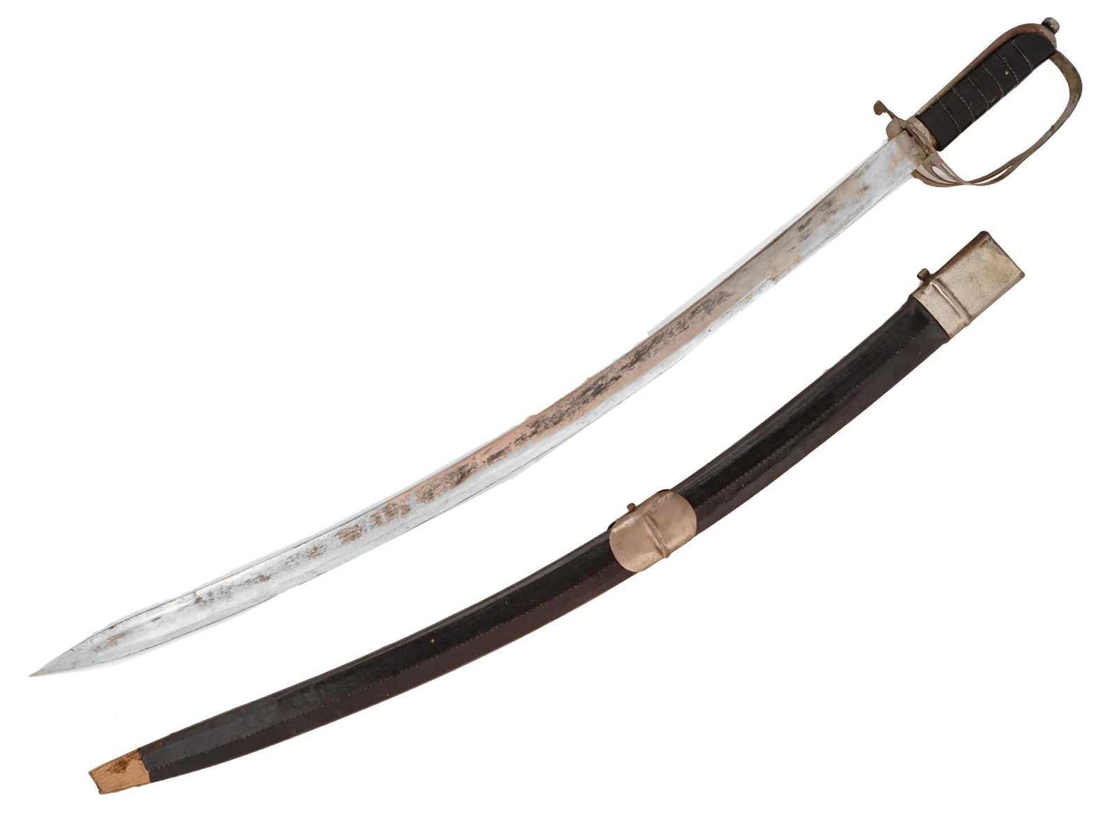 ANTIQUE NAVAL OFFICER SWORD WITH SCABBARD: An antique naval officer sword with a curved double edged etched blade. Complete with an original guard and leather grip liner and original wire bindings. Contained in a classic scabbard in brass fitt