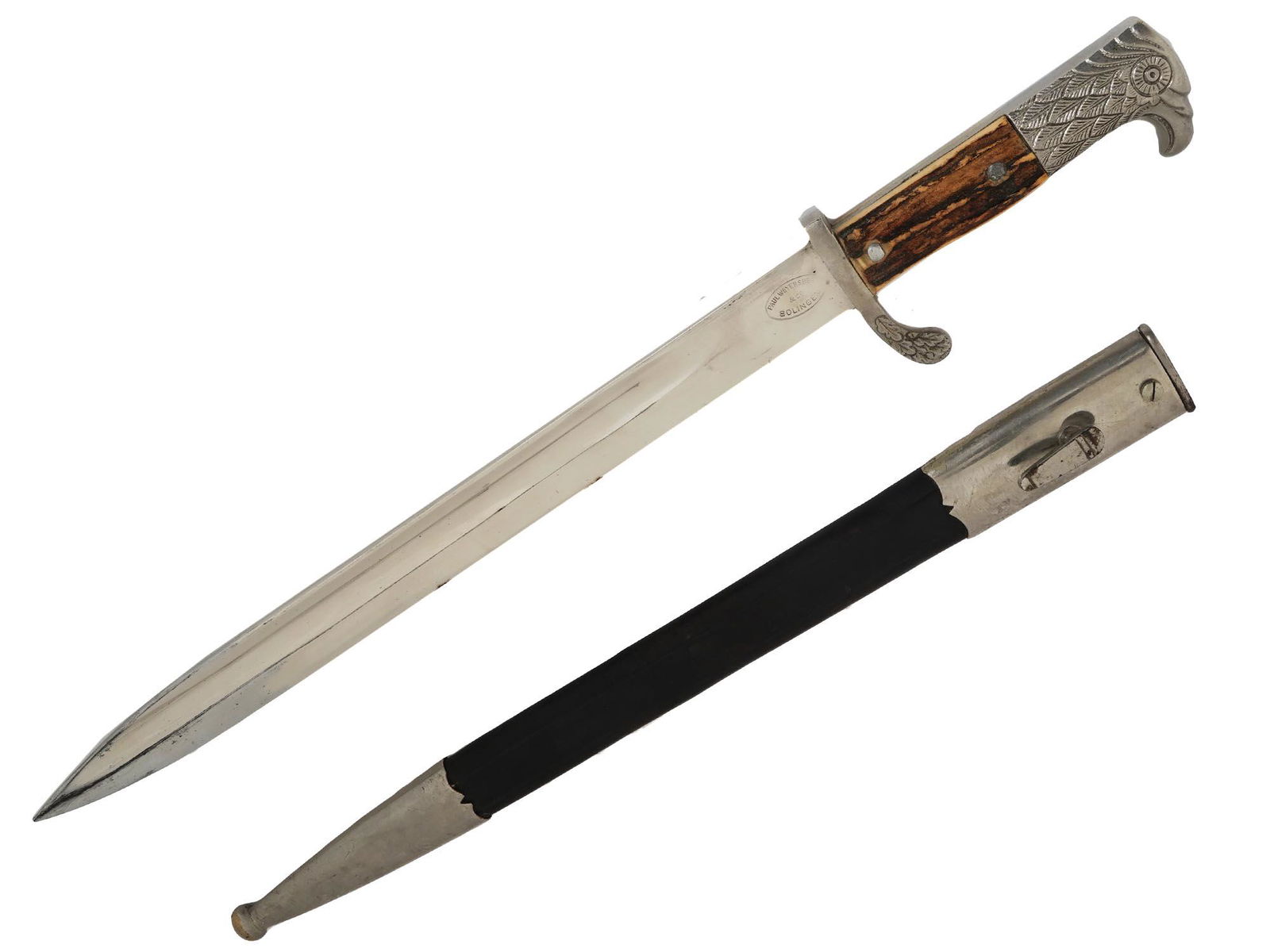 NAZI GERMAN WWII MUNICIPAL POLICE BAYONET DAGGER: A Nazi German WWII nickel plated municipal police bayonet dagger with an engraved eagle head pommel, stag grips with pins, a centrally placed aluminum police eagle, an oak leaf patterned guard, and a