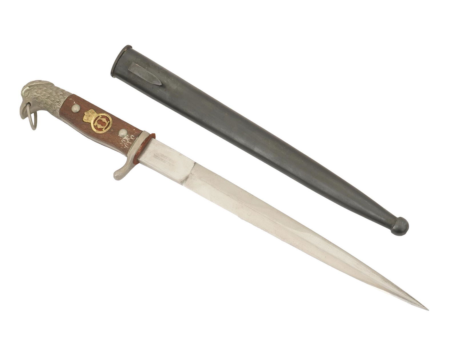 GERMAN MADE ROMANIAN WWII ARMY OFFICER DAGGER: An original German made Romanian WWII army officer dagger with Carol II cypher embedded into a wooden handle, a pommel in the shape of an eagle head with a ring, and a steel blade marked E. F. Horster