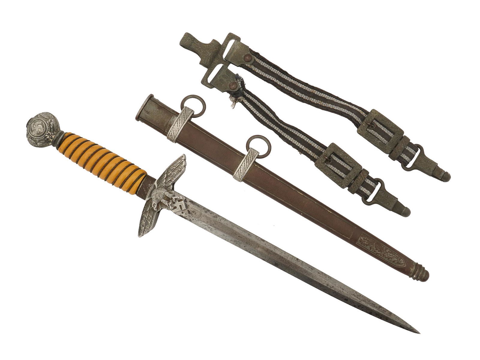 NAZI GERMAN WWII LUFTWAFFE OFFICER DRESS DAGGER: An original Nazi German WWII Luftwaffe officer dress dagger with a wire-bound orange celluloid handle, a pommel with pebbled backgrounds and good oak leaves that surround the swastikas, a cross guard