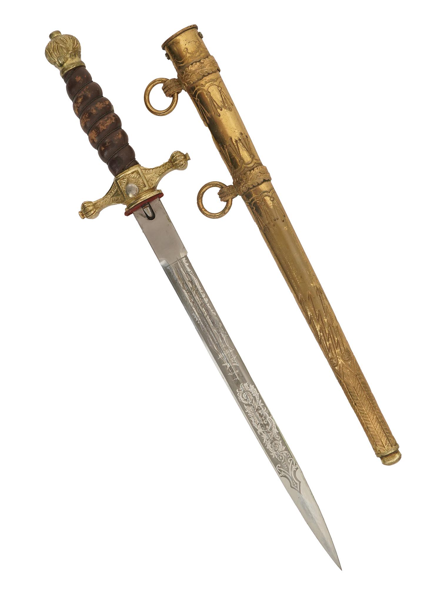 NAZI GERMAN WWII WATER POLICE OFFICER DRESS DAGGER: An original Nazi German WWII water police officer dressed dagger with a wire-bound leather grip exhibiting an aluminum applied police eagle, a pronounced brass pommel, a brass cross guard with a push