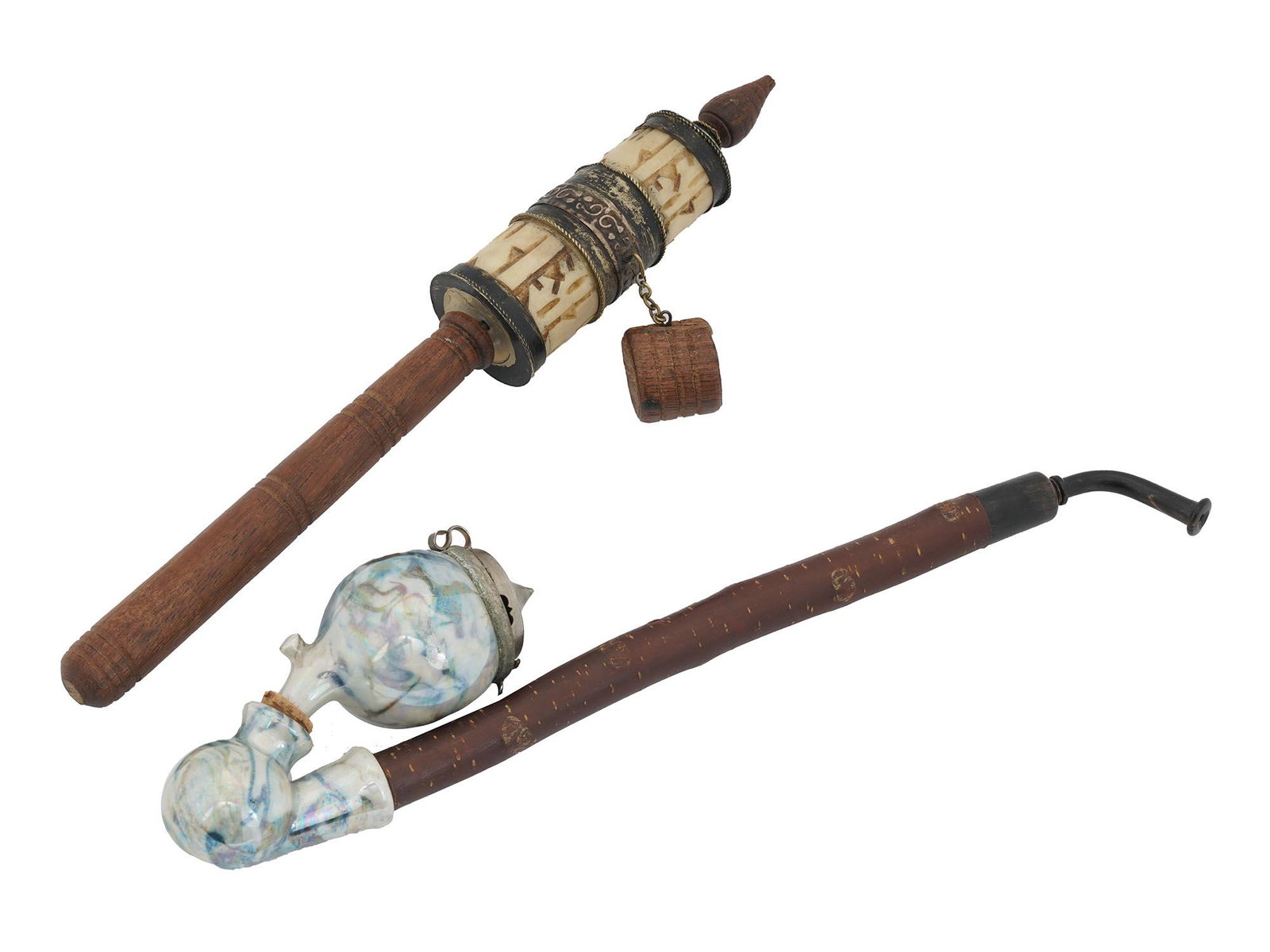 ANTIQUE 19 C. TIBETAN PRAYER WHEEL, CHINESE PIPE: The lot includes an antique late 19th or early 20th century hand crafted Tibetah hand held prayer wheel with a wooden handle and weight attached by a chain. A central cylinder is made of natural mater
