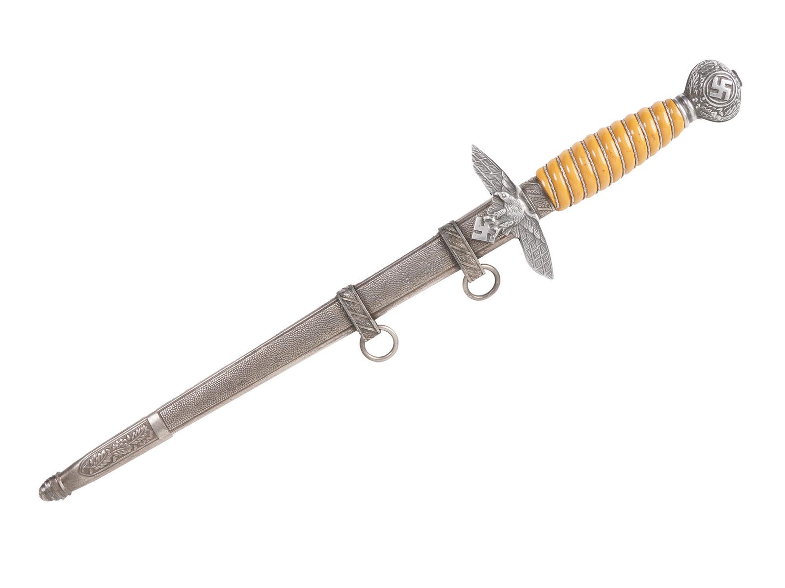 WWII GERMAN LUFTWAFFE OFFICER DAGGER PAUL WEYERSBERG: World War Two 2nd Model Luftwaffe Officer dagger. Bright steel blade with etched maker mark, PAUL WEYERSBERG & Co SOLINGEN with wreathed sword logo and Luftwaffe stick bird 5. waffenampt. Silvered fit