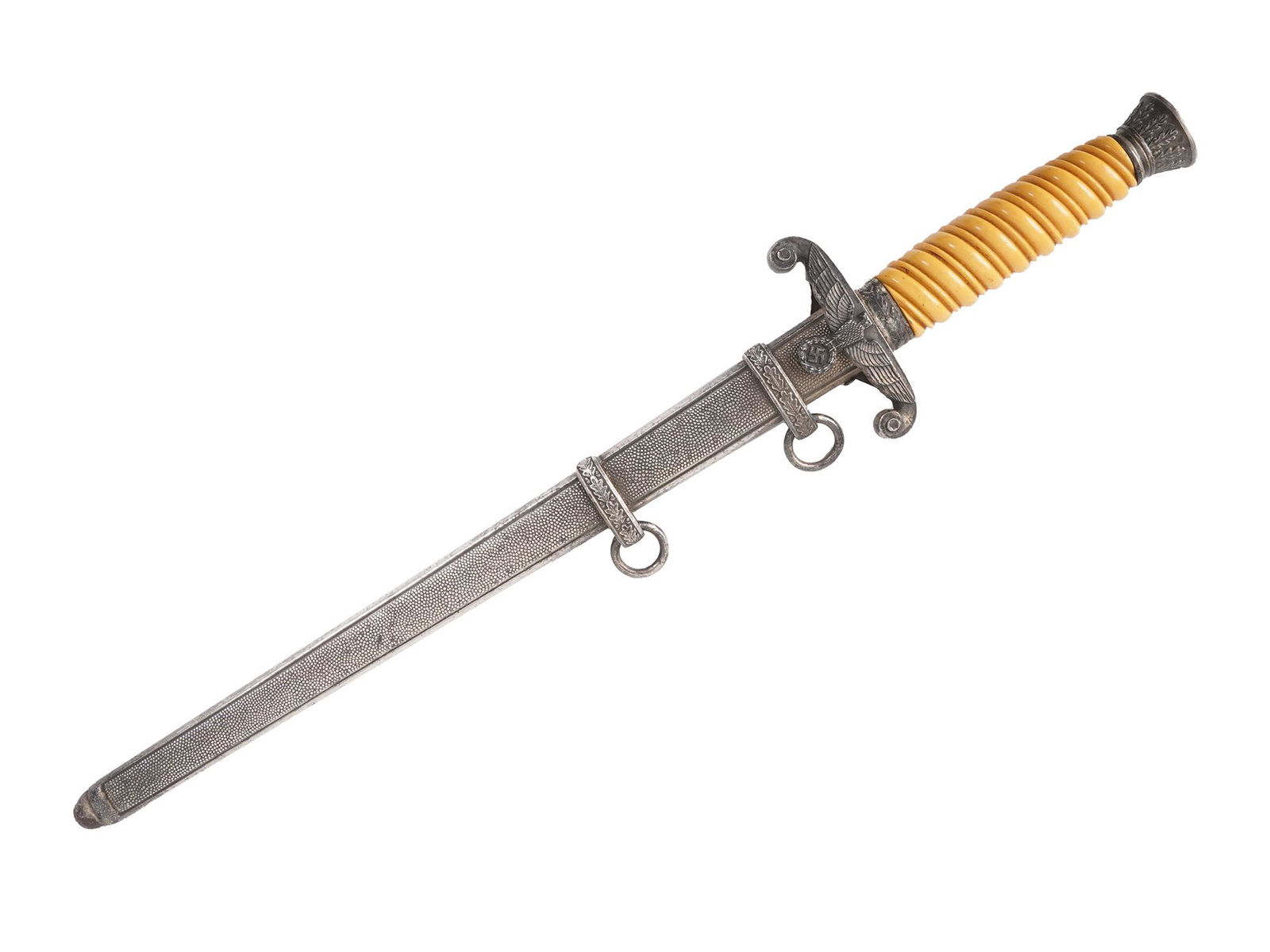 WWII GERMAN ARMY OFFICER DAGGER BY WKC: Original WWII German Army Dress Officer Dagger. The blade is maker marked WKC Solingen in good condition with minor pitting and some dirt and the usual runner marks. Orange grip has no cracks or chips