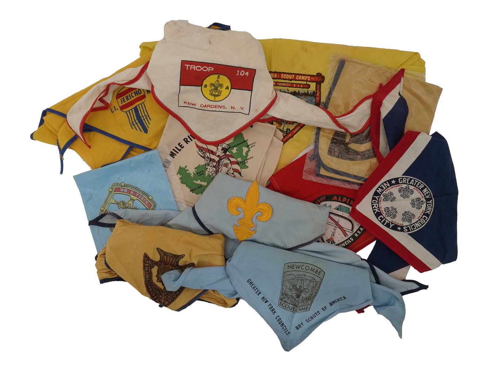 VINTAGE BOY SCOUTS OF AMERICA NECKERCHIEFS: A collection of vintage Boy Scouts of America neckerchiefs, circa from the 1950s and the 1960s, including Ten Mile River Scout Camp and Greater New York Councils neckerchiefs. Vintage American Boy Sco