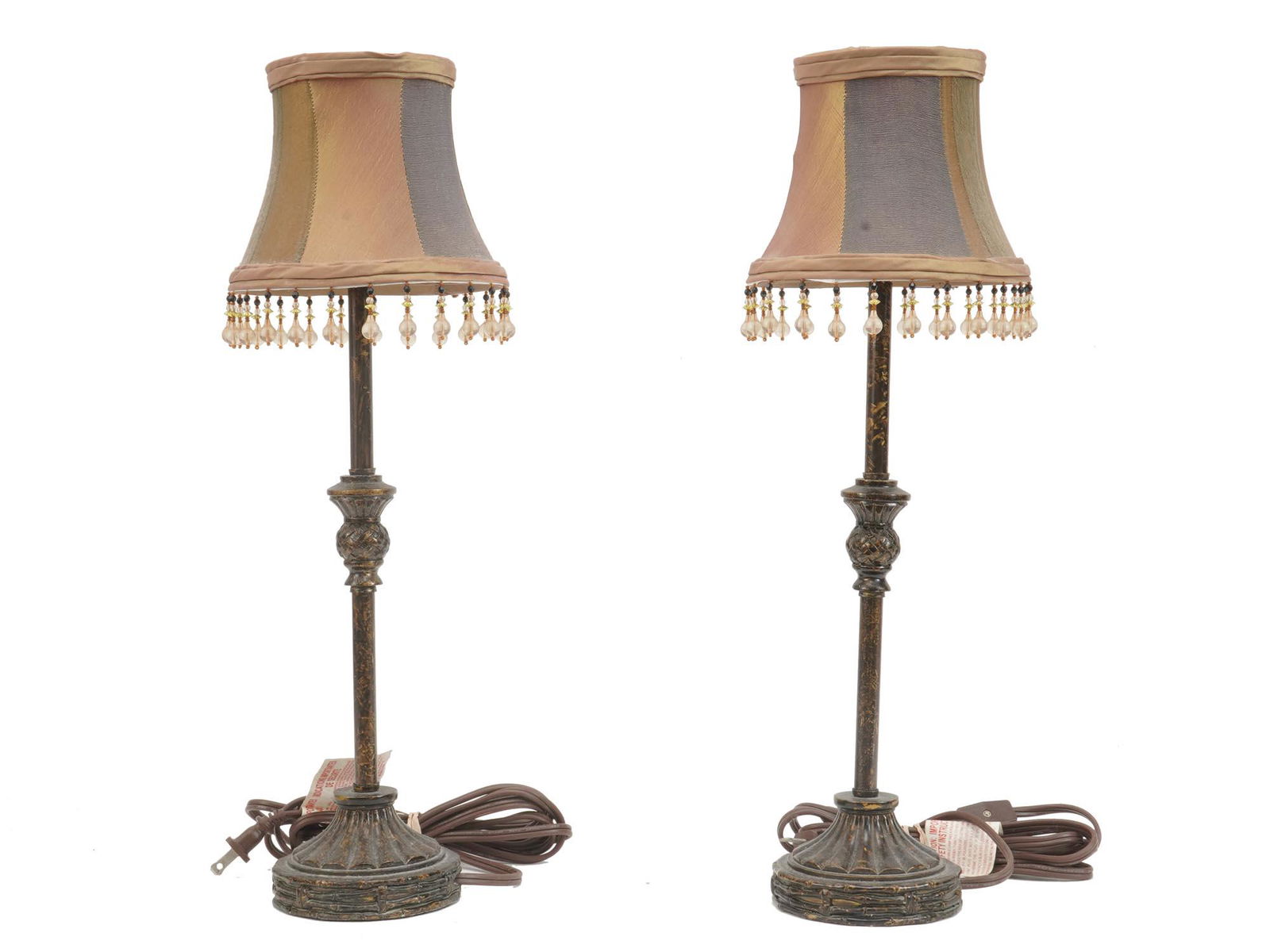 VINTAGE TABLE LAMPS WITH SILK SHADES, CIRCA 1960: A pair of vintage bedroom table lamps with multicolor silk lampshades decorated with beaded fringe. Raised on patinated metal stems and round bases. Desk Accessory, Tabletop Lighting, Home Decor And G