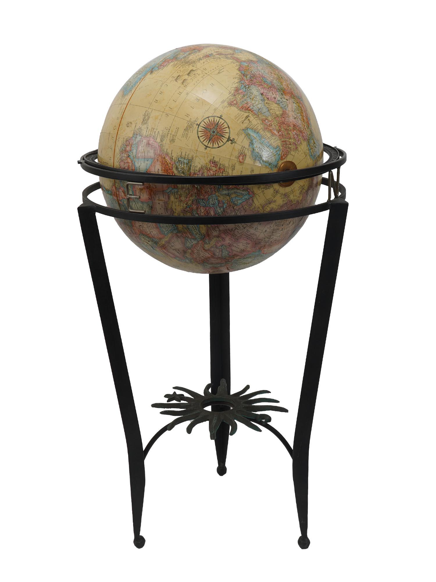 VINTAGE REPLOGLE WORLD CLASSIC GLOBE WITH STAND: A vintage Replogle 16 inch diameter globe from the World Classic Series, with a metal stand. Circa the 1990s. Vintage World Globes And Geographic Collectibles. Dimensions: H 37 1/2 in. All measurement