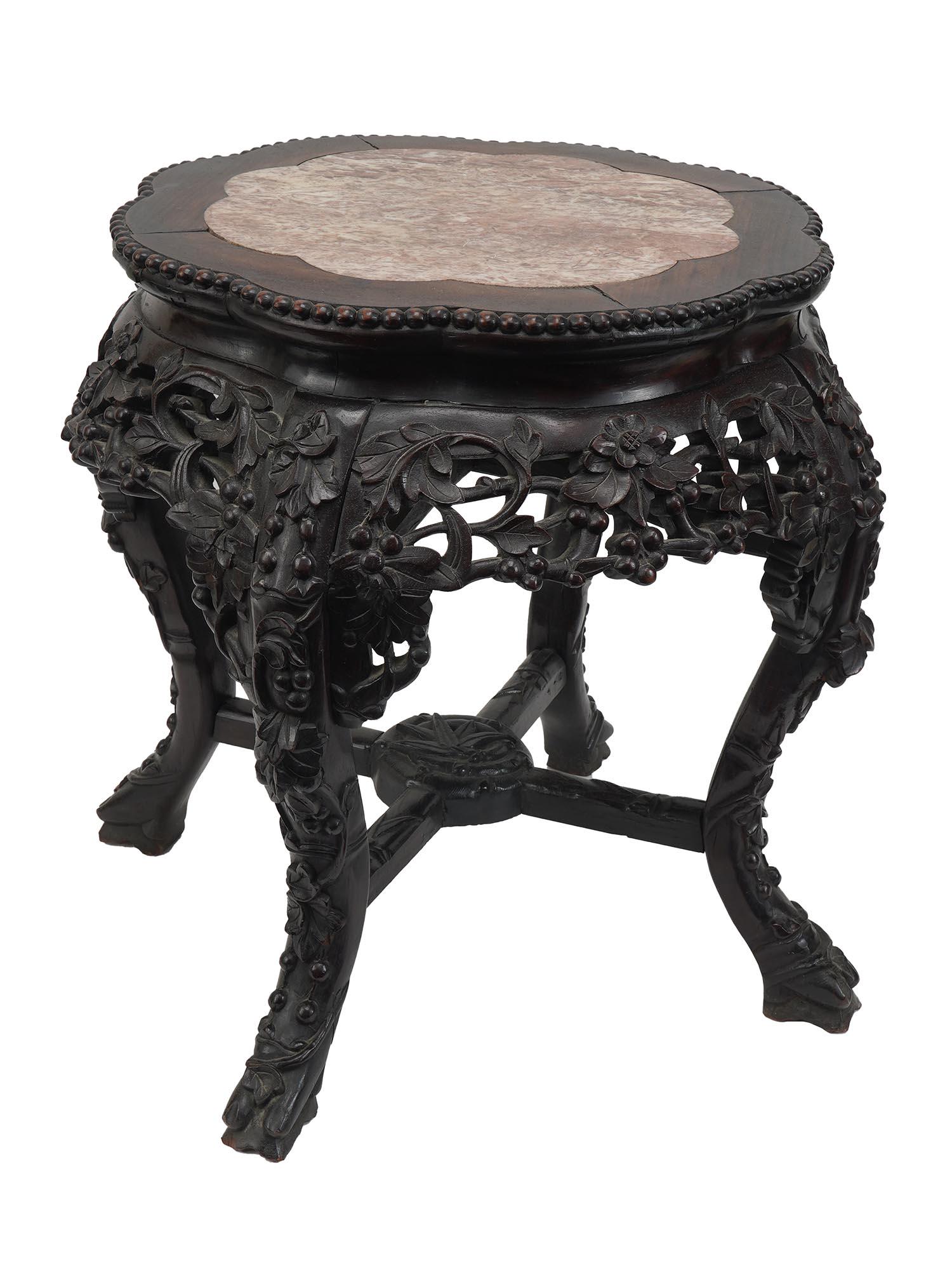 ANTIQUE ASIAN ORIENTAL SIDE TABLE W. CARVED DECOR: A nice hand crafted Asian side table, most likely Chinese, circa the first half of the 20th century. Made of dark rosewood with granite tabletop, features a skilfully carved decor with bamboo stems, c