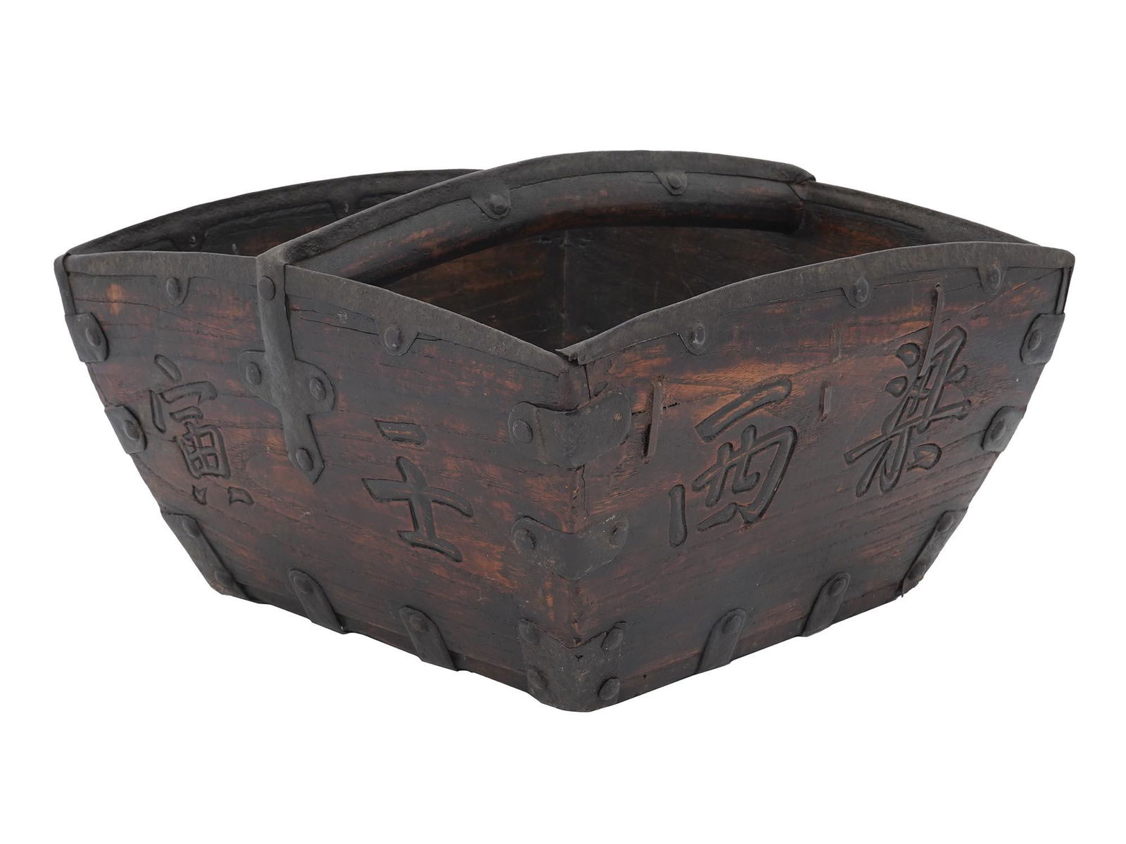 ANTIQUE CHINESE HANDMADE WOODEN AND METAL BASKET (1 of 4)