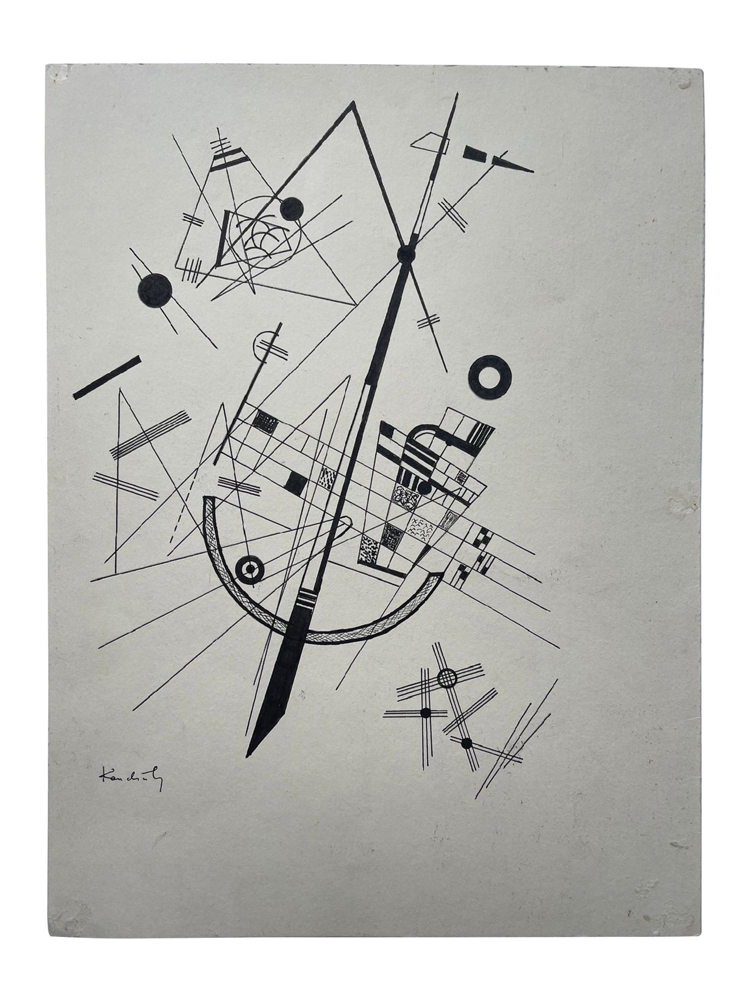 WASSILY KANDINSKY RUSSIAN INK ON PAPER PAINTING: Wassily Vasilievich Kandinsky, 1866 to 1944, an ink on paper artwork depicting an emphatically geometric abstract composition, supposedly created with a ruler and compass, as a preparatory work for De