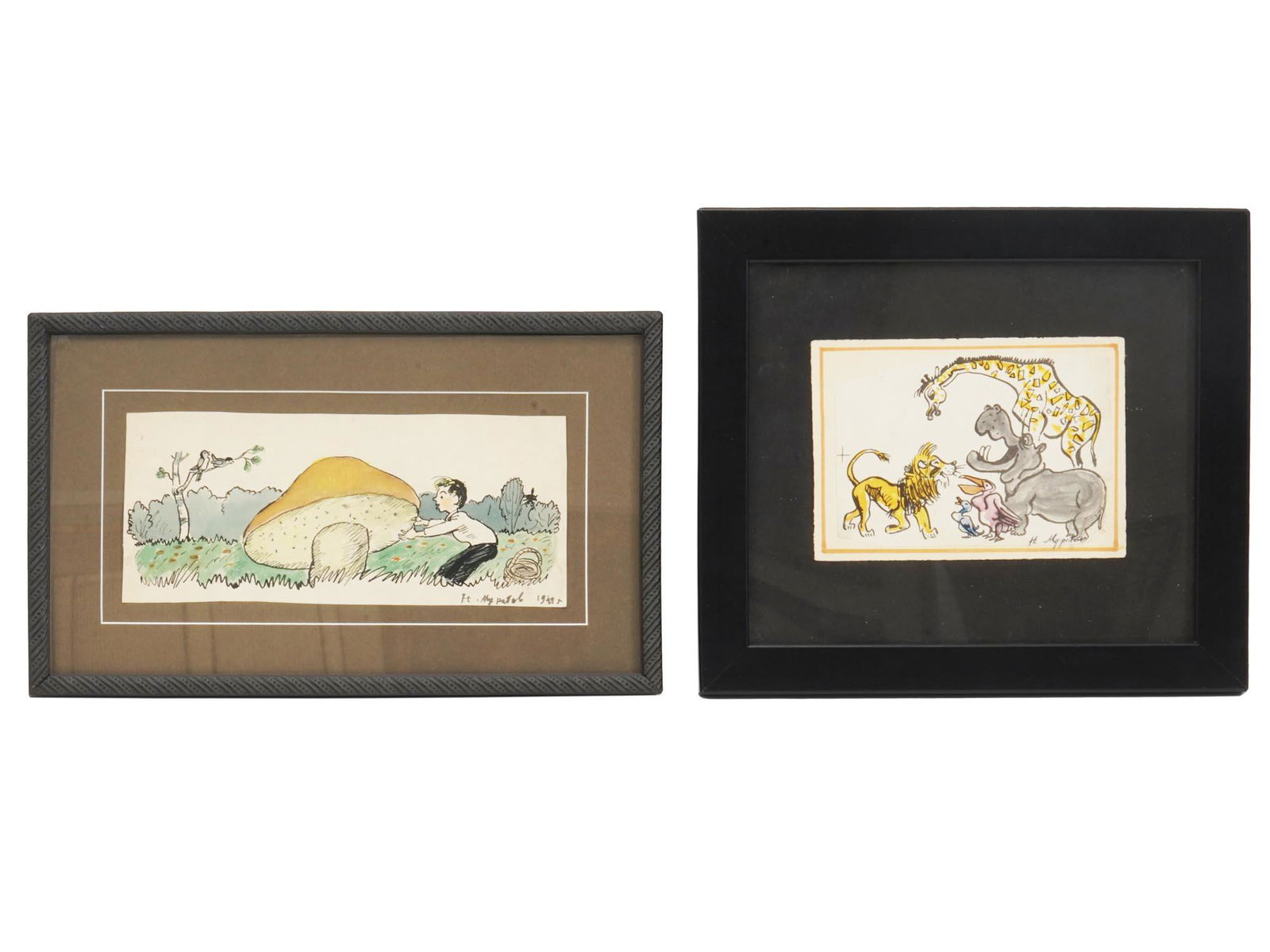 SOVIET CHILDREN ILLUSTRATIONS BY NIKOLAI MURATOV: Nikolai Muratov, 1908 to 1992, ink and watercolor on paper painting depicting a boy with a huge mushroom, dated 1949, and a color print illustration showing a group of animals, titled Bonfire to the b