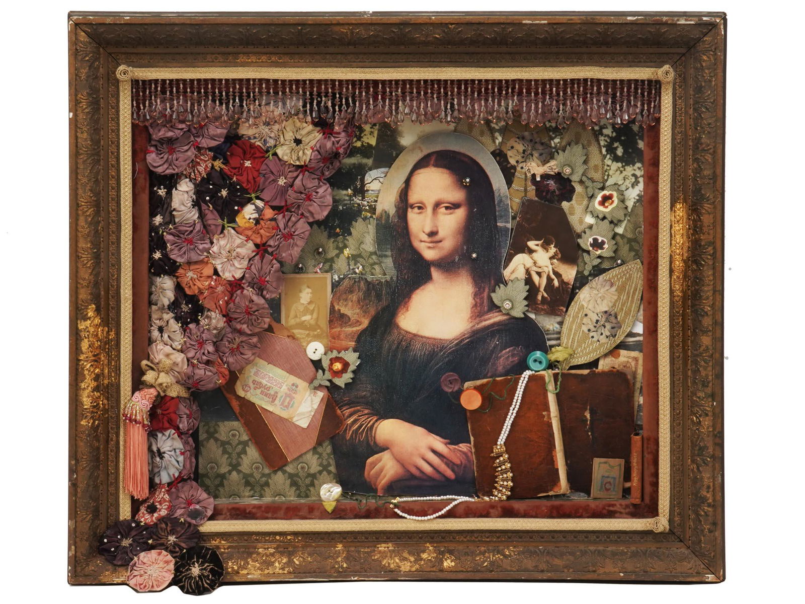 COLLAGE WITH MONA LISA BY SERGEY PARADJANOV: Sergey Paradjanov, 1924 to 1990, mixed media on panel composition titled Collage with Mona Lisa, circa the late 20th century. Signed lower right: King Henry VI Part II. Framed. Sergei Parajanov was a