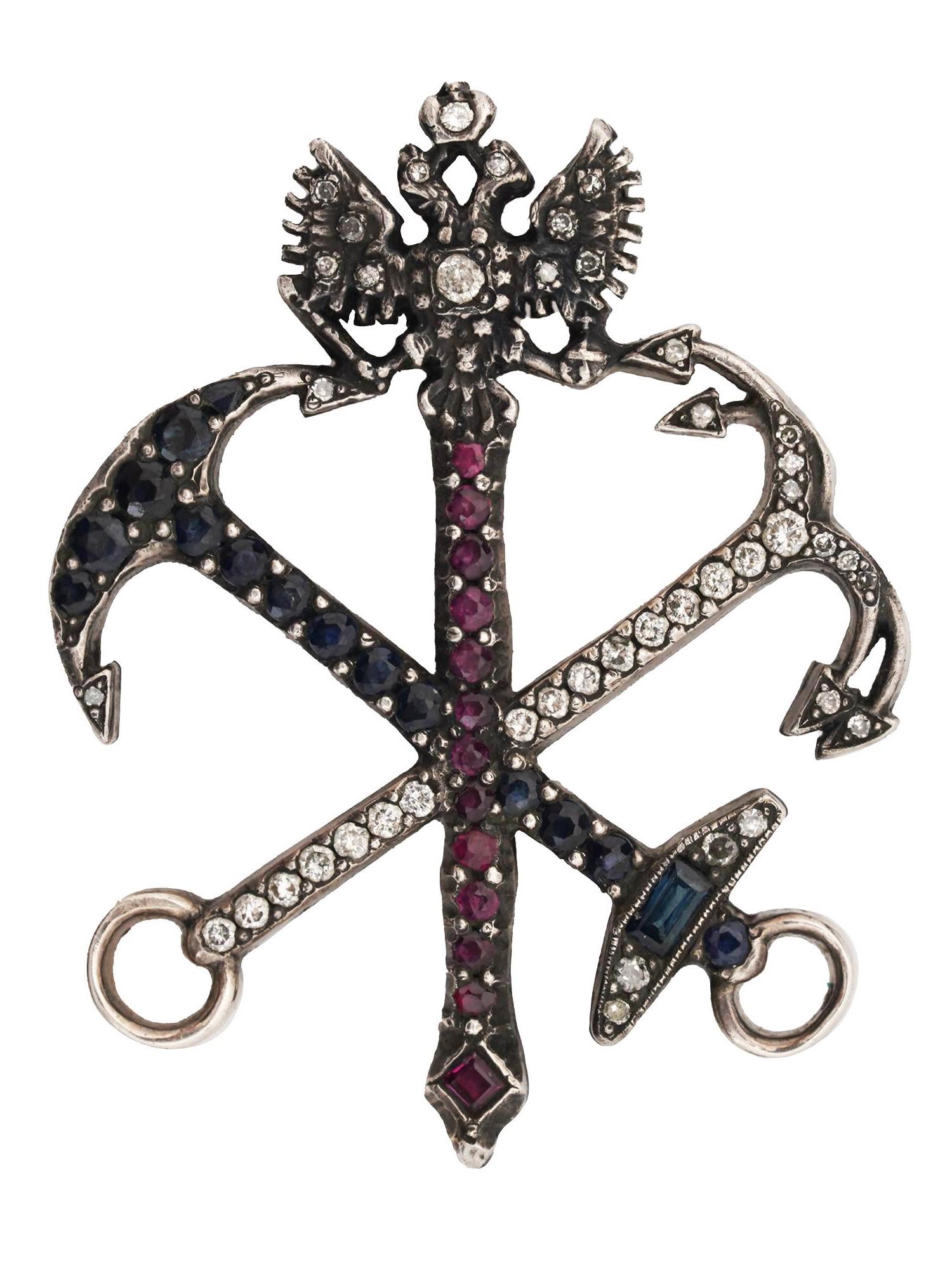 RUSSIAN 14K GOLD, DIAMONDS, SAPPHIRES, RUBIES PIN: A vintage rose gold pin brooch modeled as a St. Petersburg coat of arms featuring a scepter set with rubies finished by double headed Imperial eagle set with diamonds, and two crossed anchors, the Mar