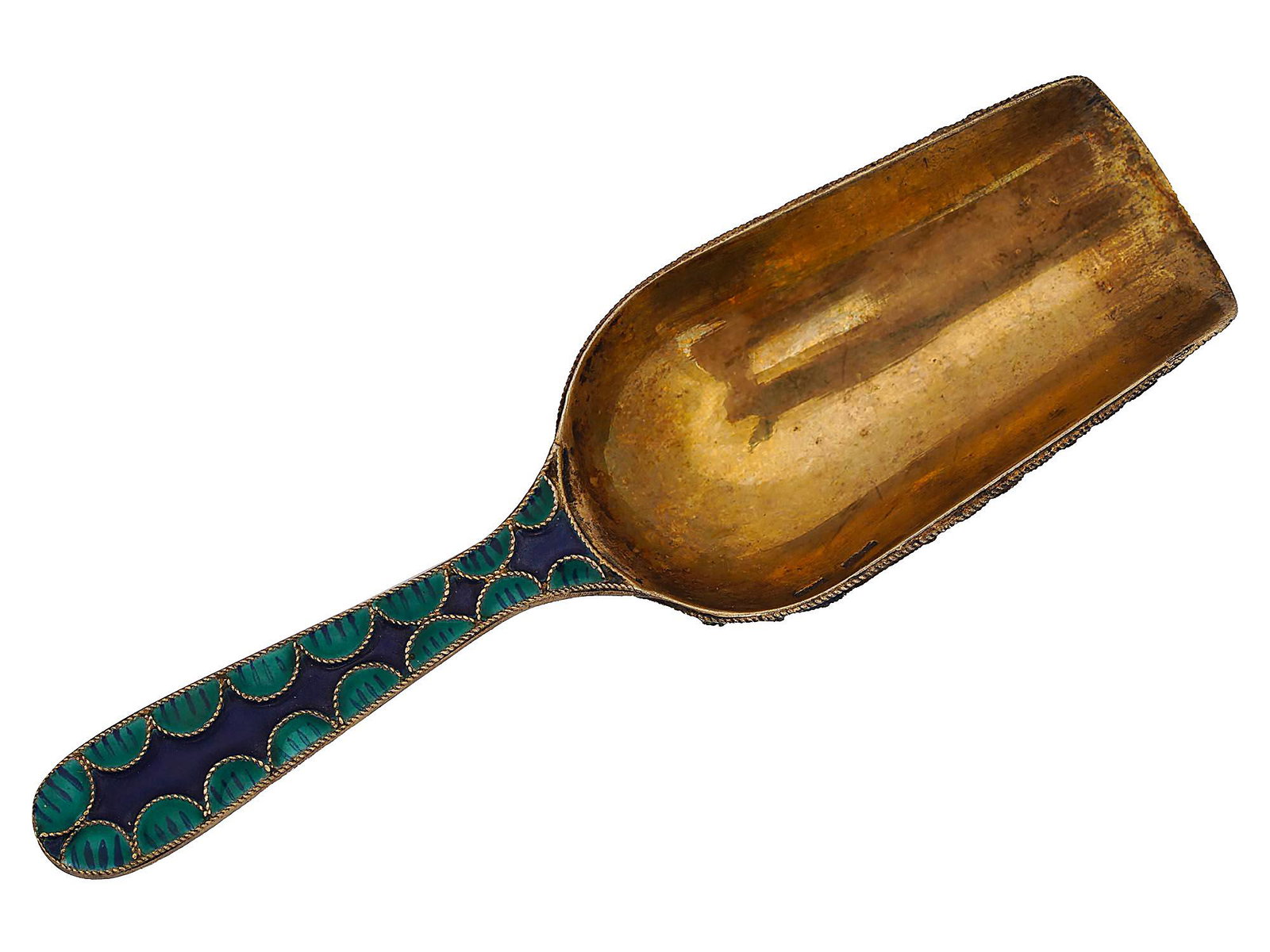RUSSIAN GILT SILVER CLOISONNE ENAMEL SUGAR SPOON: A Russian gilt silver sugar spoon or tea caddy spoon. The item is fully covered with cloisonne enamel floral ornaments in blue, green, and white. Total weight: 23.9 grams. Collectible Antique Russian 
