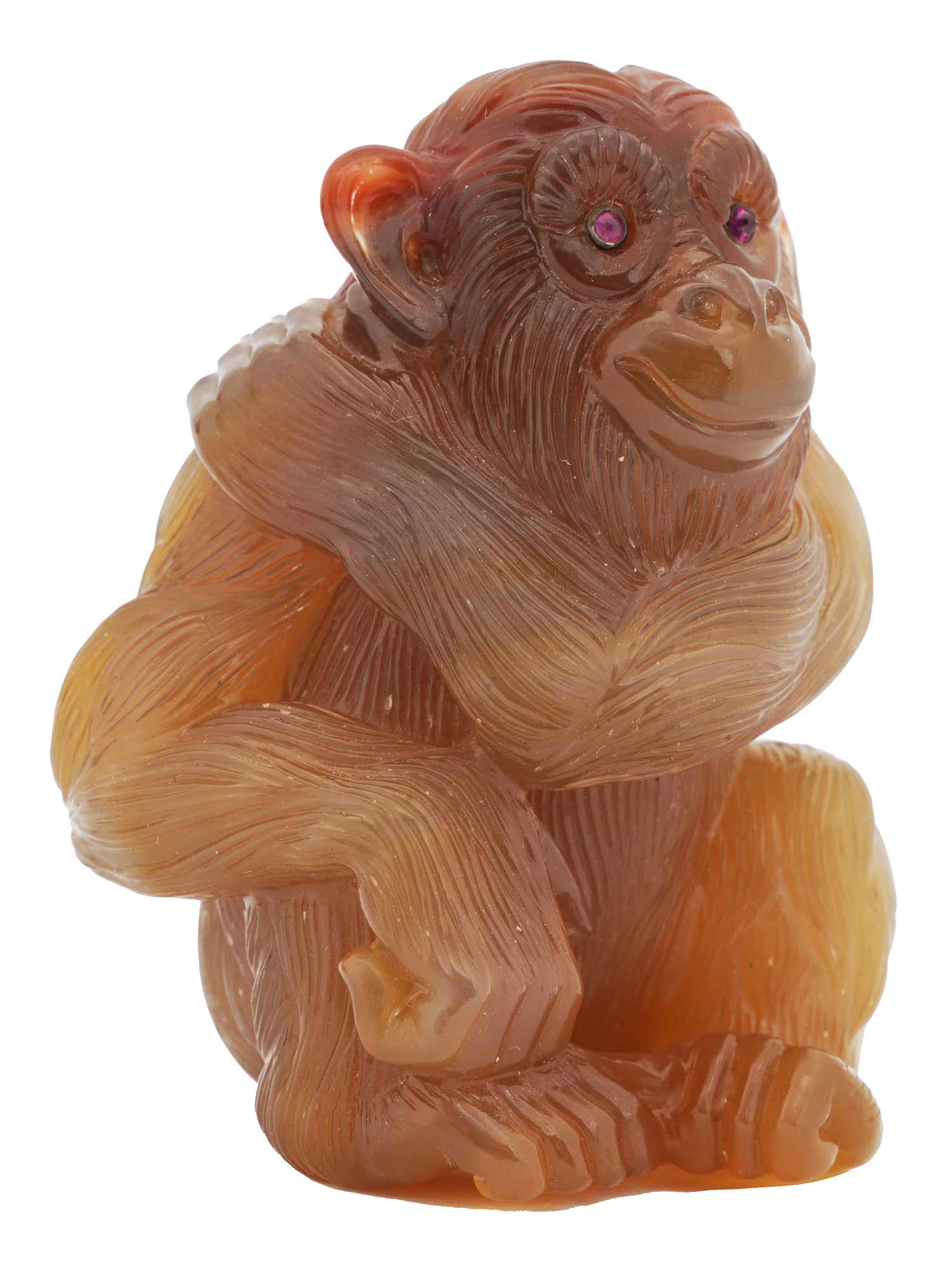RUSSIAN CARVED AGATE MONKEY FIGURINE W. RUBY EYES (1 of 4)