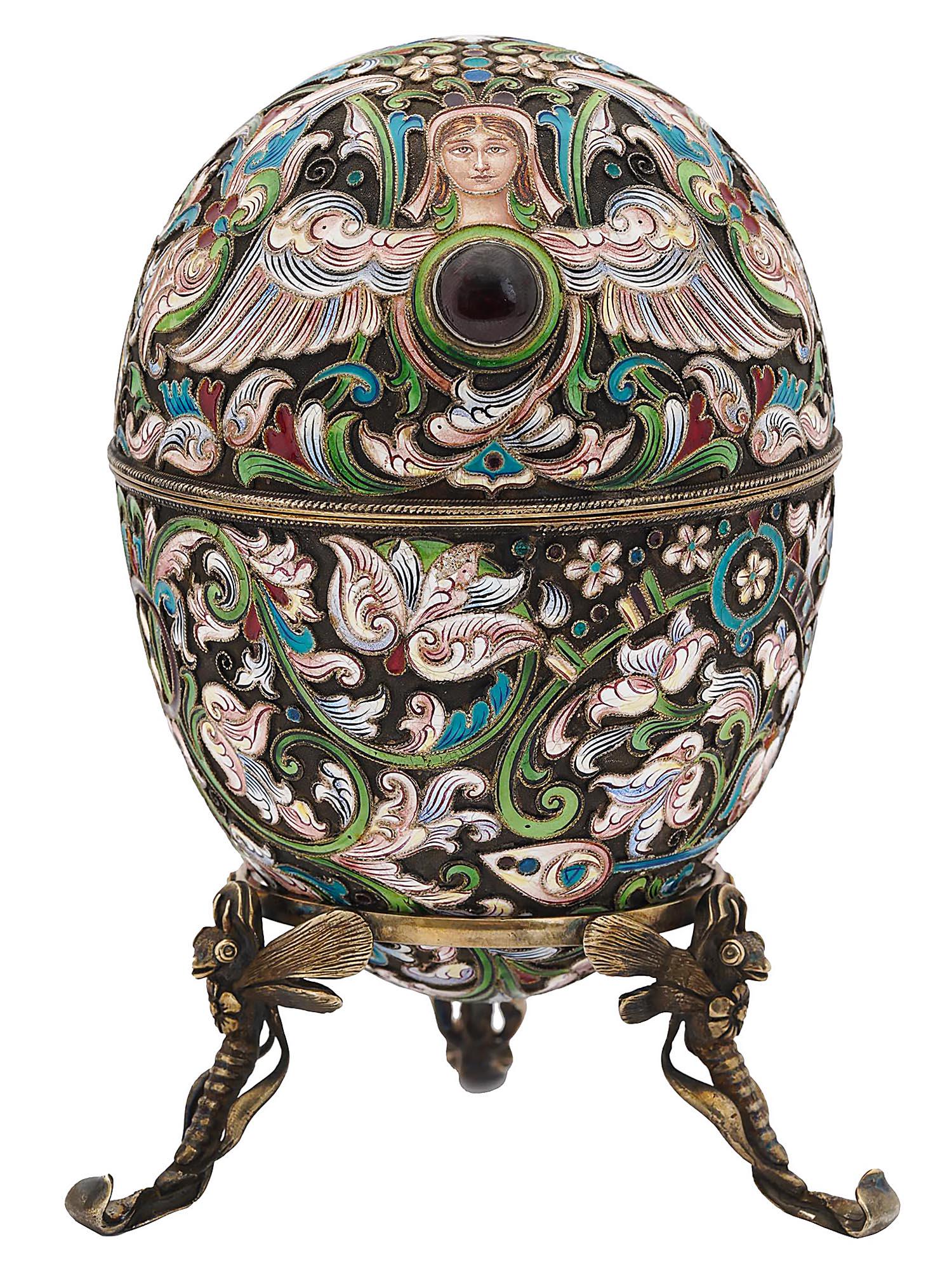 LARGE RUSSIAN SILVER CLOISONNE ENAMEL EGG W STAND (1 of 3)