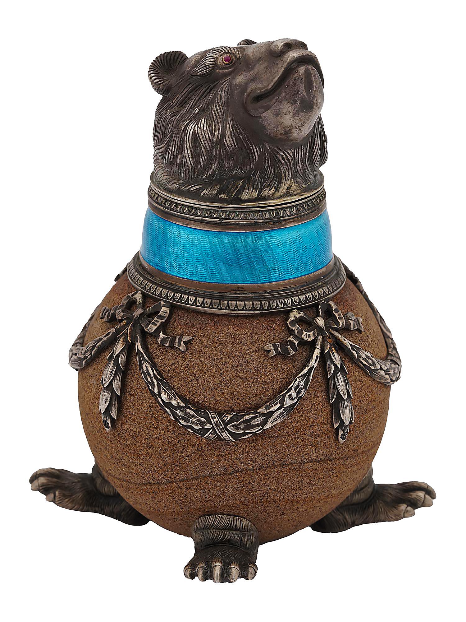 RUSSIAN SANDSTONE, SILVER, ENAMEL BEAR INKWELL (1 of 4)