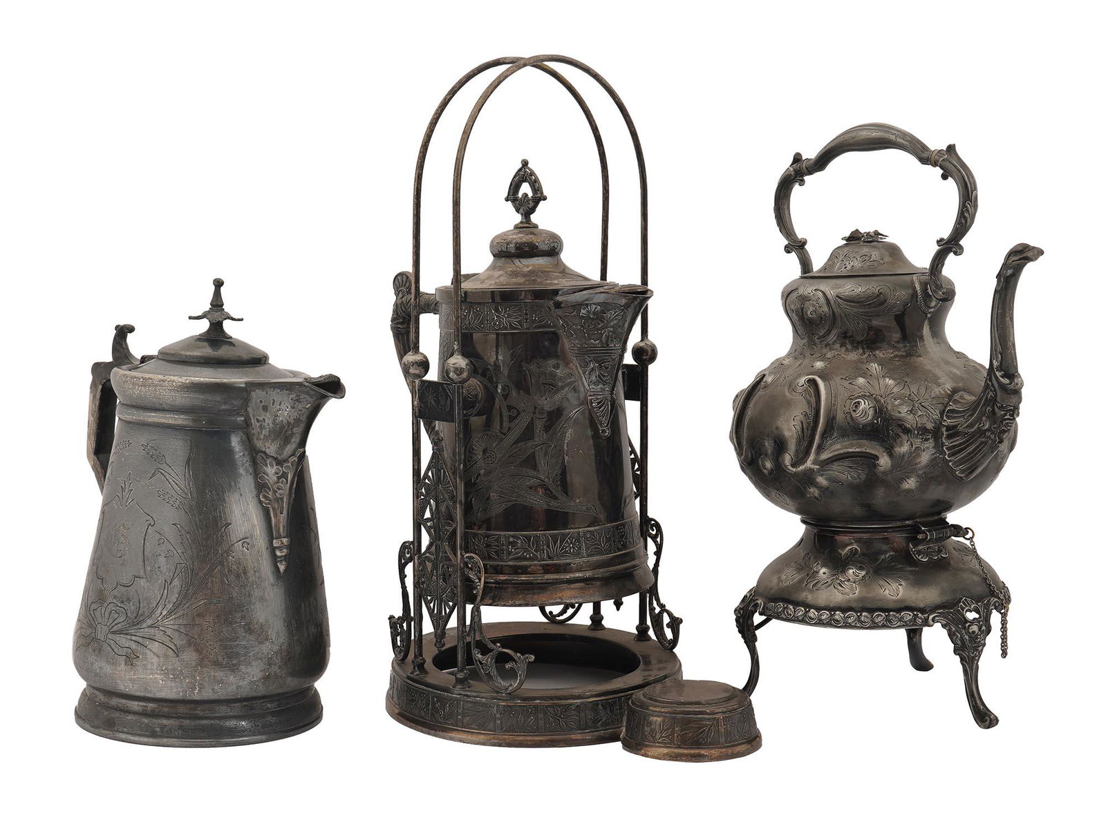 TWO ANTIQUE SILVER PLATED PITCHERS AND TEAPOT (1 of 5)