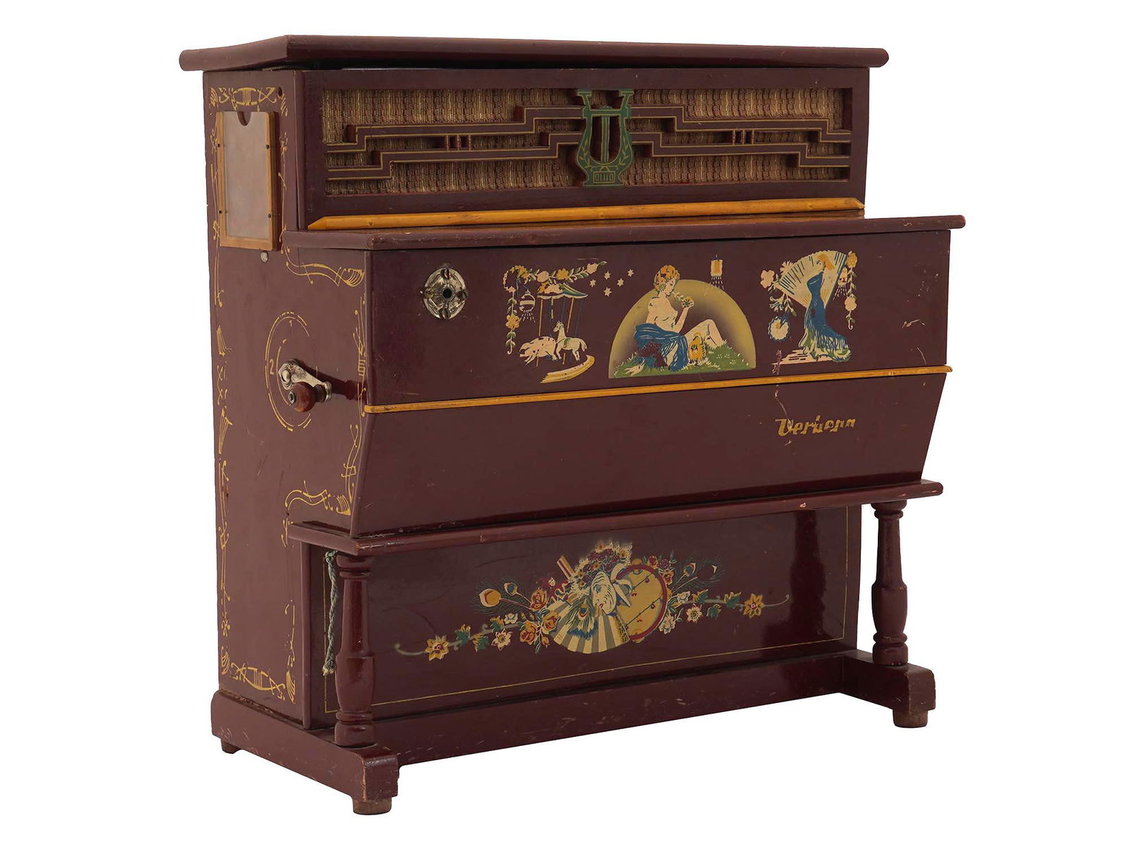VINTAGE SPANISH VERBENA MINI SELF PLAYING PIANO: A vintage Spanish Verbena miniature self playing piano music box, ors tree pianola, with a hand cranked handle, manufactured by Reig in the 1950s. Sound emerges from chimes, cymbals and bells. Vintage