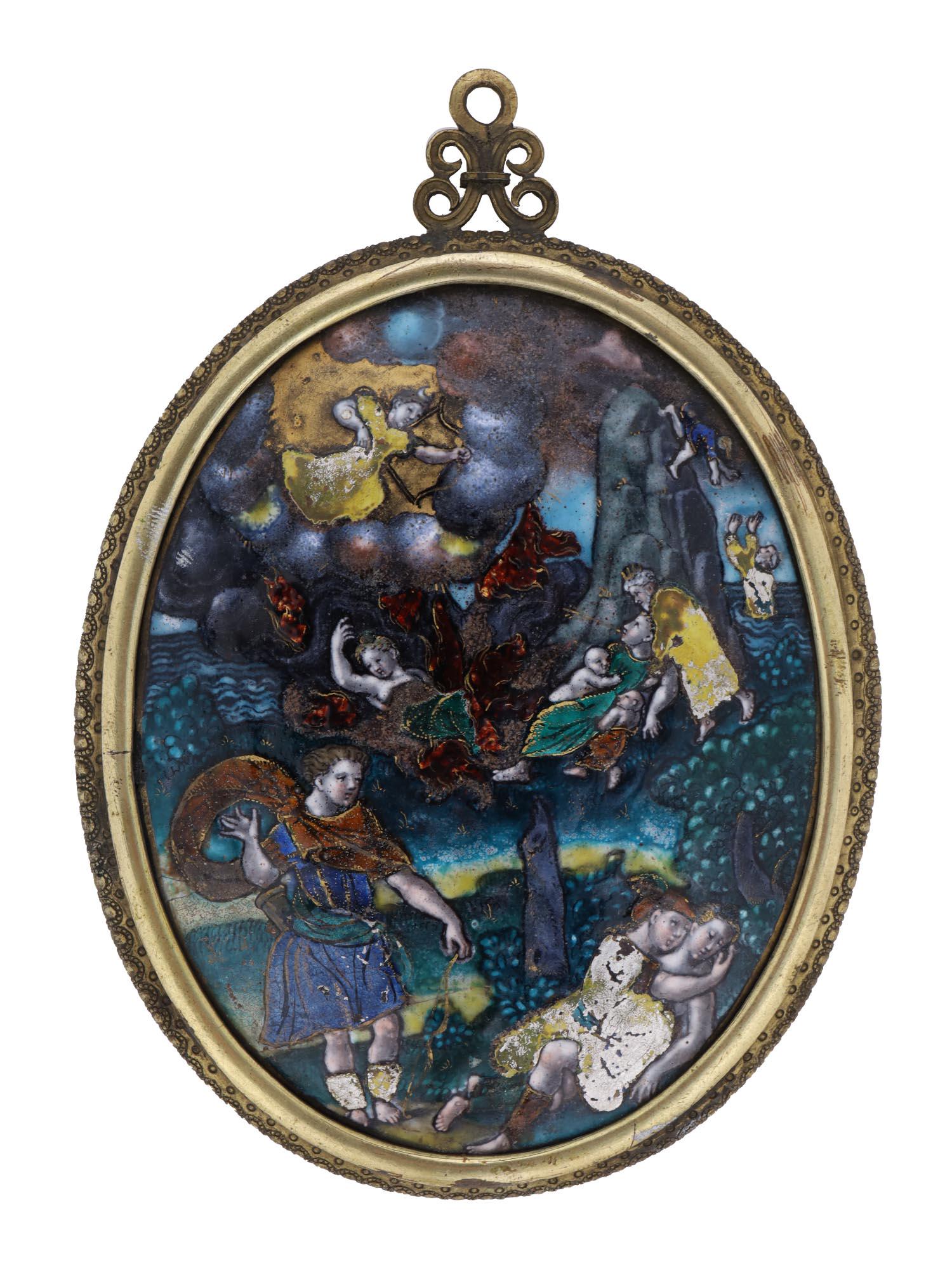 ANTIQUE 1600 FRENCH LIMOGES ENAMEL COPPER PLAQUE: A rare museum quality French early 17th century medallion, painted in polychrome enamel over copper plaque. The medallion depicts a multi figure composition, possibly Apollo and Artemis killing the ch