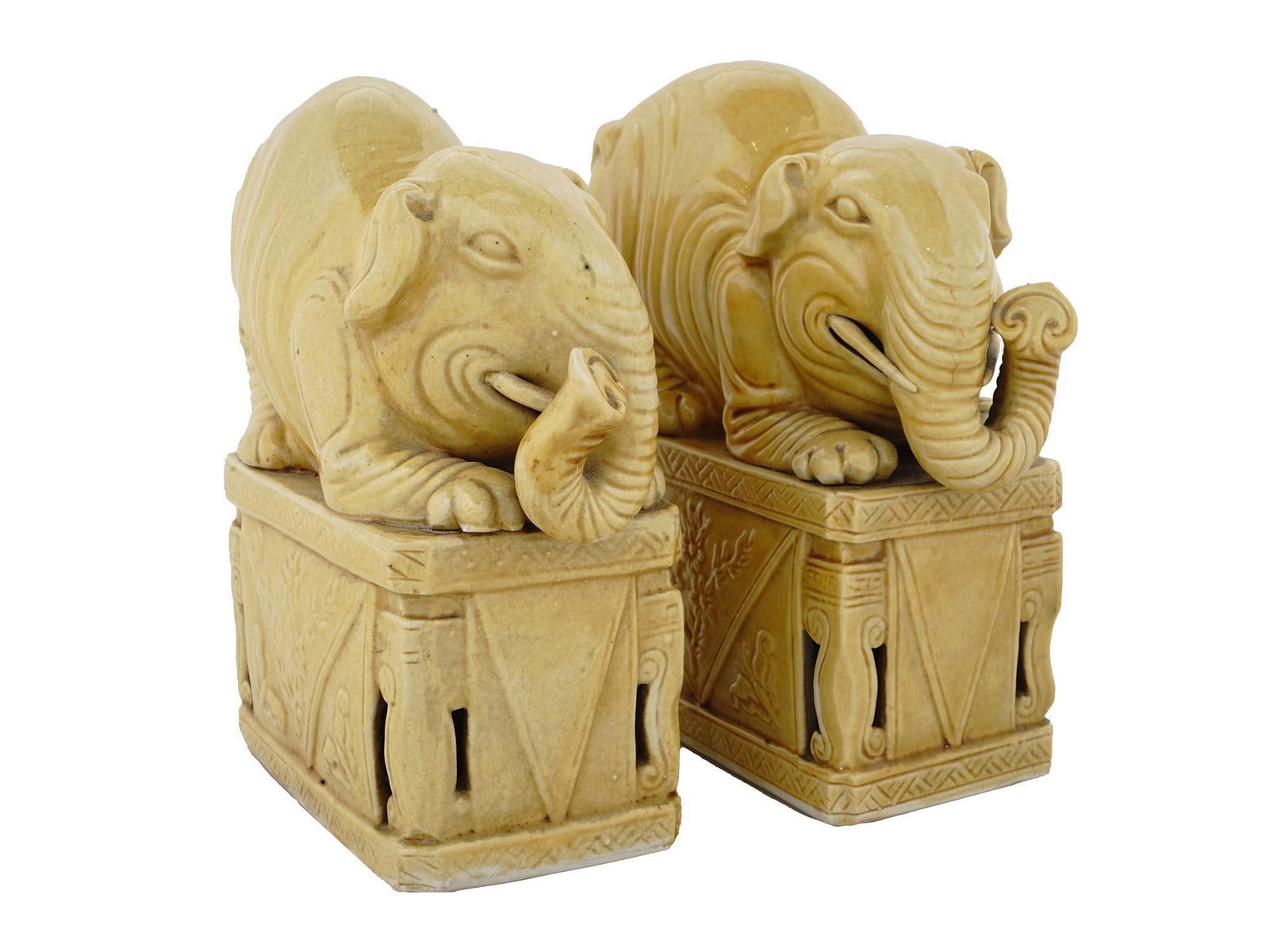 RARE ANTIQUE GLAZED PORCELAIN YELLOW ELEPHANTS (1 of 9)