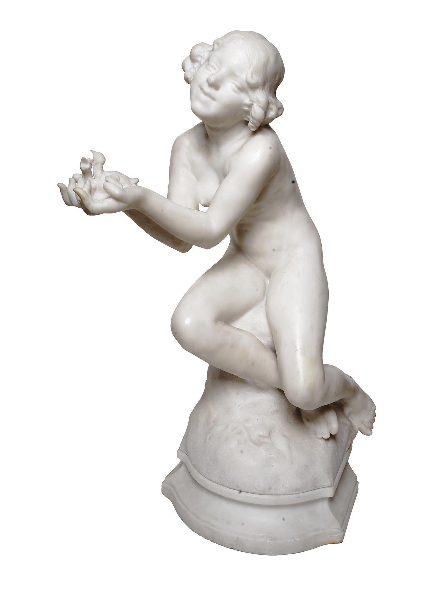ANTIQUE AFFORTUNATO GORY CARVED MARBLE SCULPTURE: Affortunato Gory, Italian, French, 1895 to 1925, a very fine antique Art Deco style figural group hand carved of white marble and depicting a female nude holding two chicks in her open palms. Bears a