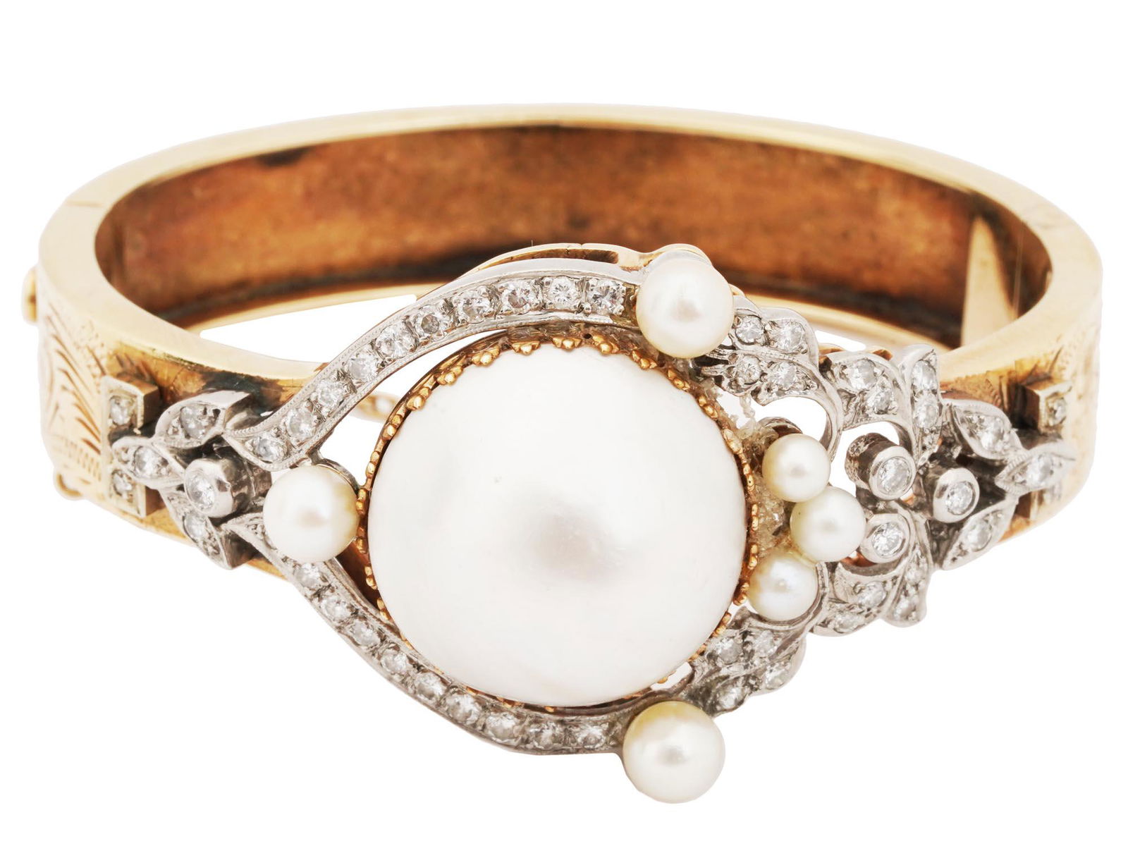 14K GOLD DIAMOND AND PEARL HINGED BANGLE BRACELET (1 of 4)