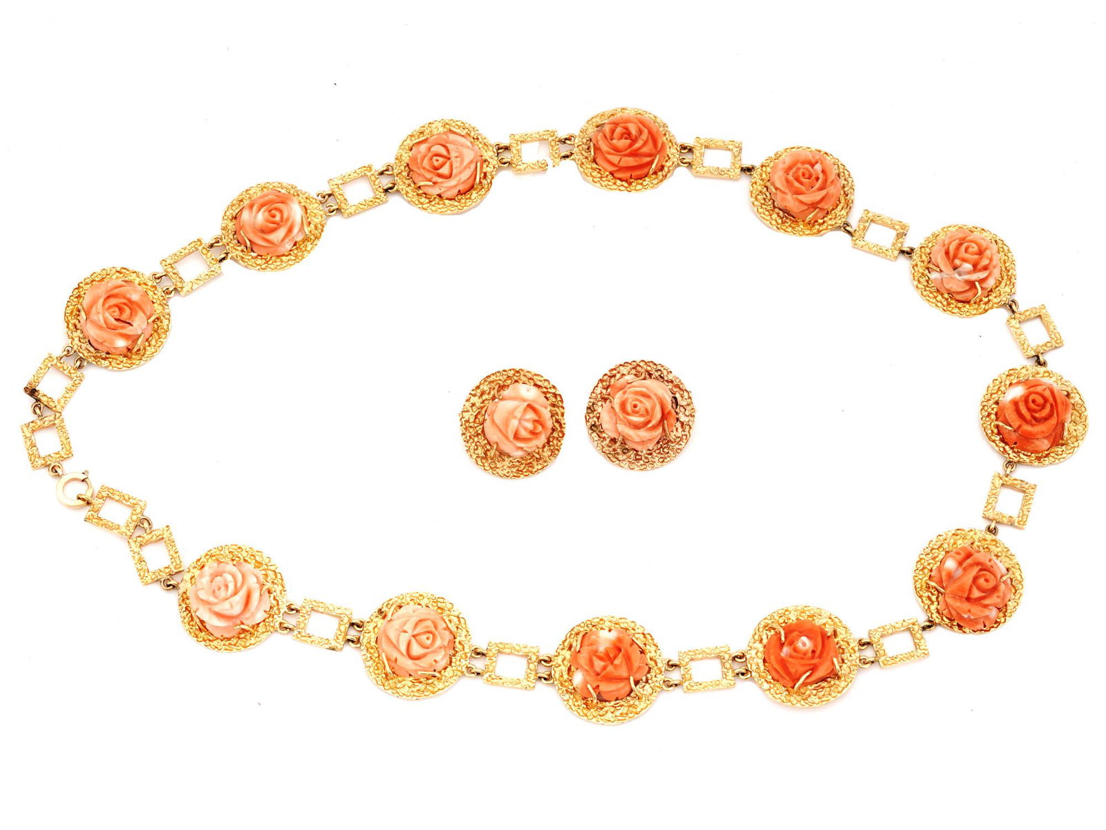 14K GOLD & CARVED PINK CORAL 2 PIECE JEWELRY SET (1 of 2)