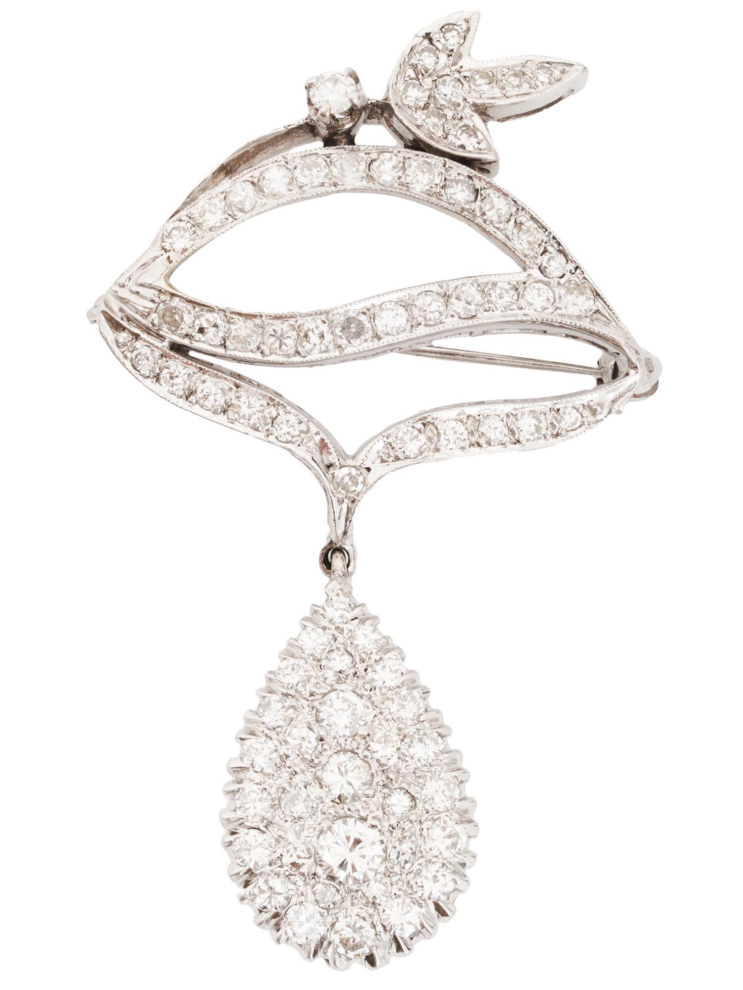 14K WHITE GOLD AND DIAMONDS DANGLE BROOCH PIN (1 of 2)