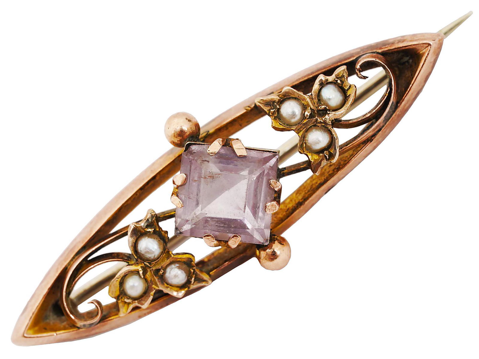 ANTIQUE ENGLISH 9K GOLD AMETHYST AND PEARLS PIN (1 of 3)
