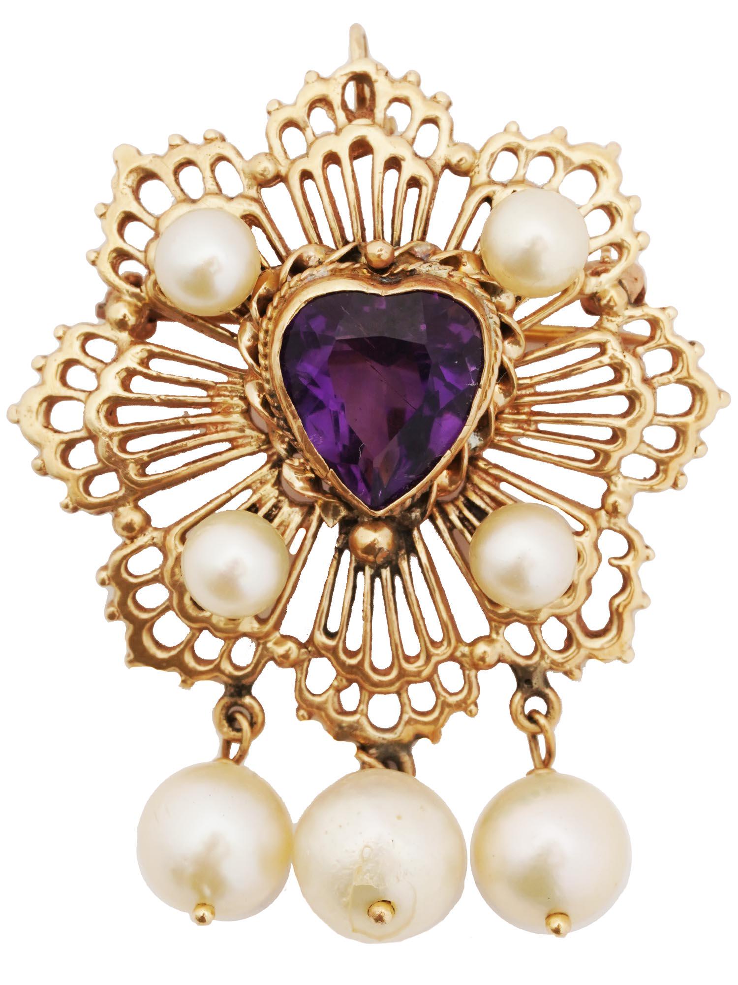 14K GOLD BROOCH PENDANT WITH AMETHYST AND PEARLS (1 of 3)