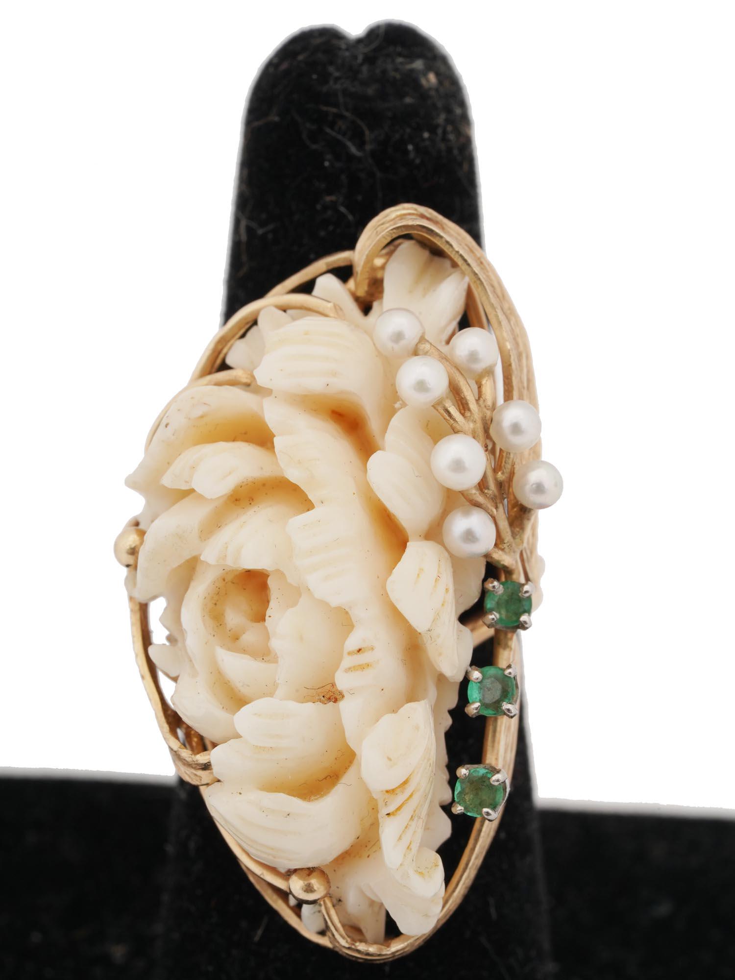 14K GOLD RING, CARVED CORAL, EMERALDS AND PEARLS (1 of 3)