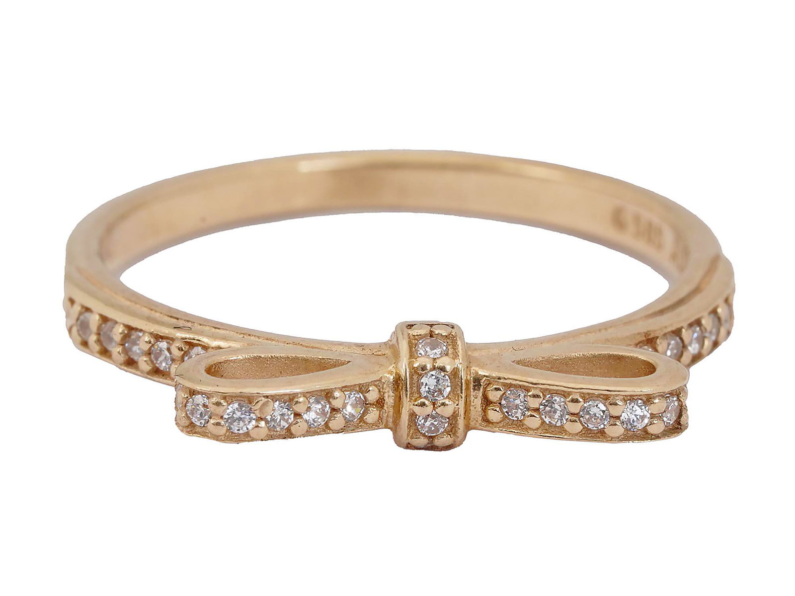 MODERN 585 GOLD ALE 58 AND DIAMONDS JEWELRY RING: A Modern, probably European, 585 Gold jewelry ring. The ring is encrusted with diamonds and made in a bow design. Marked with a hallmark, G585 Ale 58, inside. Circa: late 20th century. Total weight: 3