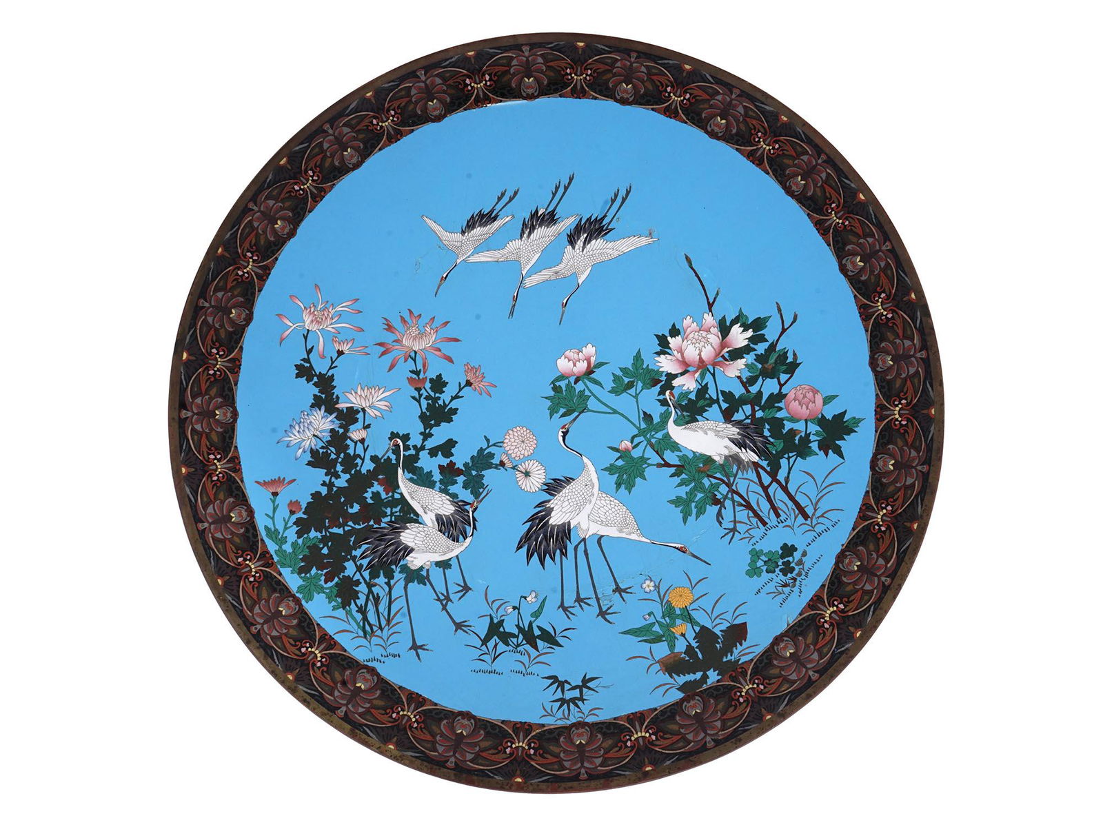 LARGE JAPANESE MEIJI CLOISONNE CHARGER W. CRANES (1 of 5)