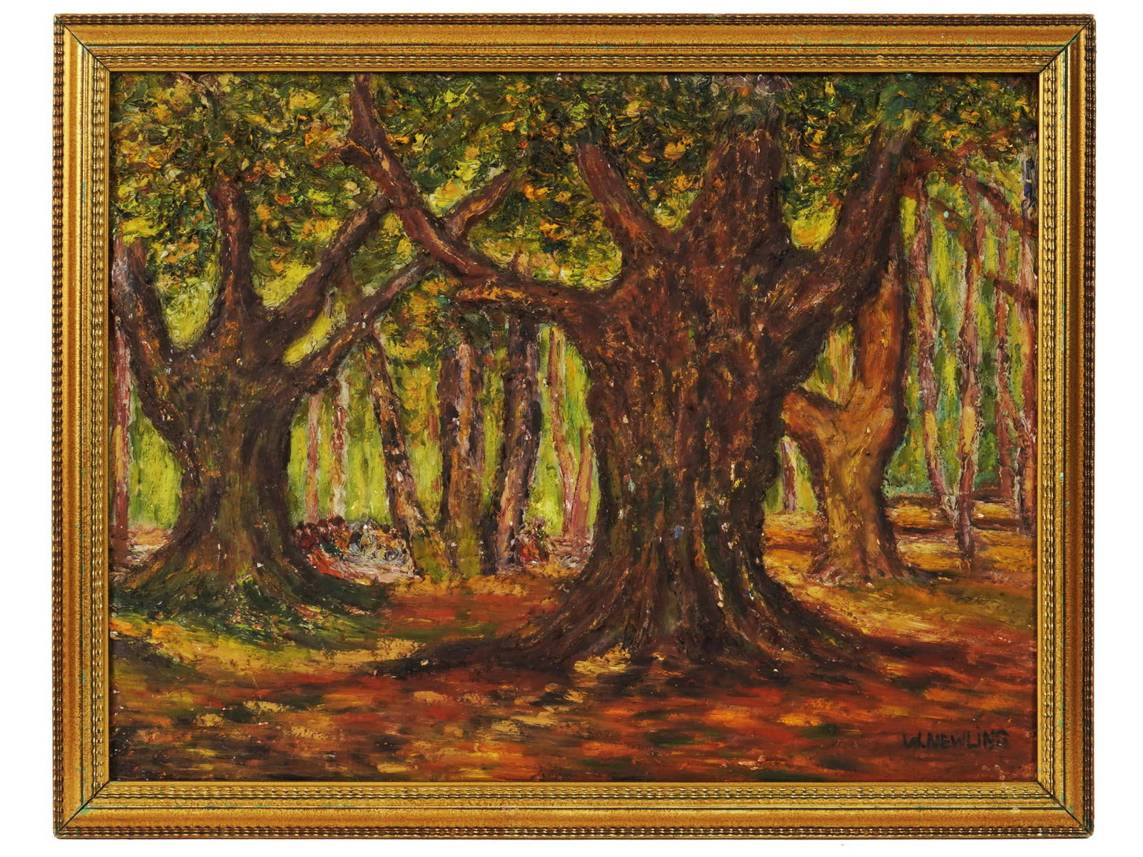 IMPRESSIONIST LANDSCAPE OIL PAINTING BY W NEWLING: Oil on canvas painting depicting blooming trees by W. Newling. Impressionist art style. Signed by the artist in the lower right. Golden frame. Collectible Landscape Art For Interior Design. Dimensions