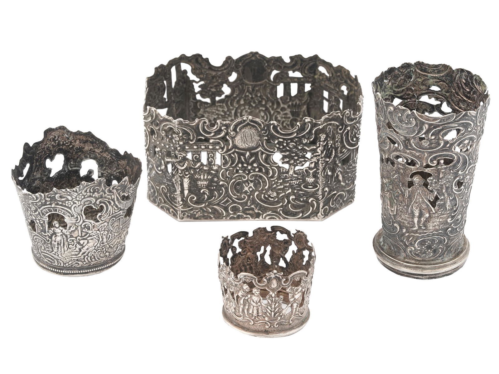 ANTIQUE SILVER VASE FRAME AND GLASS HOLDERS (1 of 7)