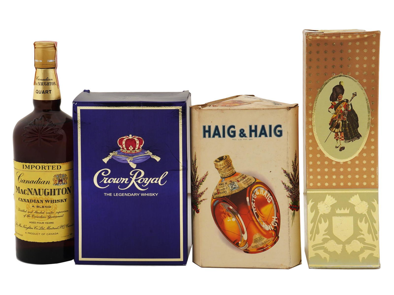 FOUR VINTAGE ALCOHOL BOTTLES CANADIAN WHISKY IOB: A lot of four vintage sealed alcohol bottles. Imported MacNaughton Canadian Whisky, A Blend, Aged Four Years. Crown Royal The Legendary Whisky, in original box. Haig and Haig Ltd., Pinch Finest Blende