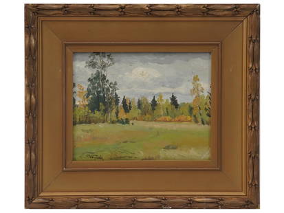 RUSSIAN OIL PAINTING BY MIKHAIL NESTEROV: Mikhail Vasilievich Nesterov, Russian, 1862 to 1942, oil painting on board depicting a rural forest landscape. Signed lower left. Framed. A paper label showing detailed information on the back.